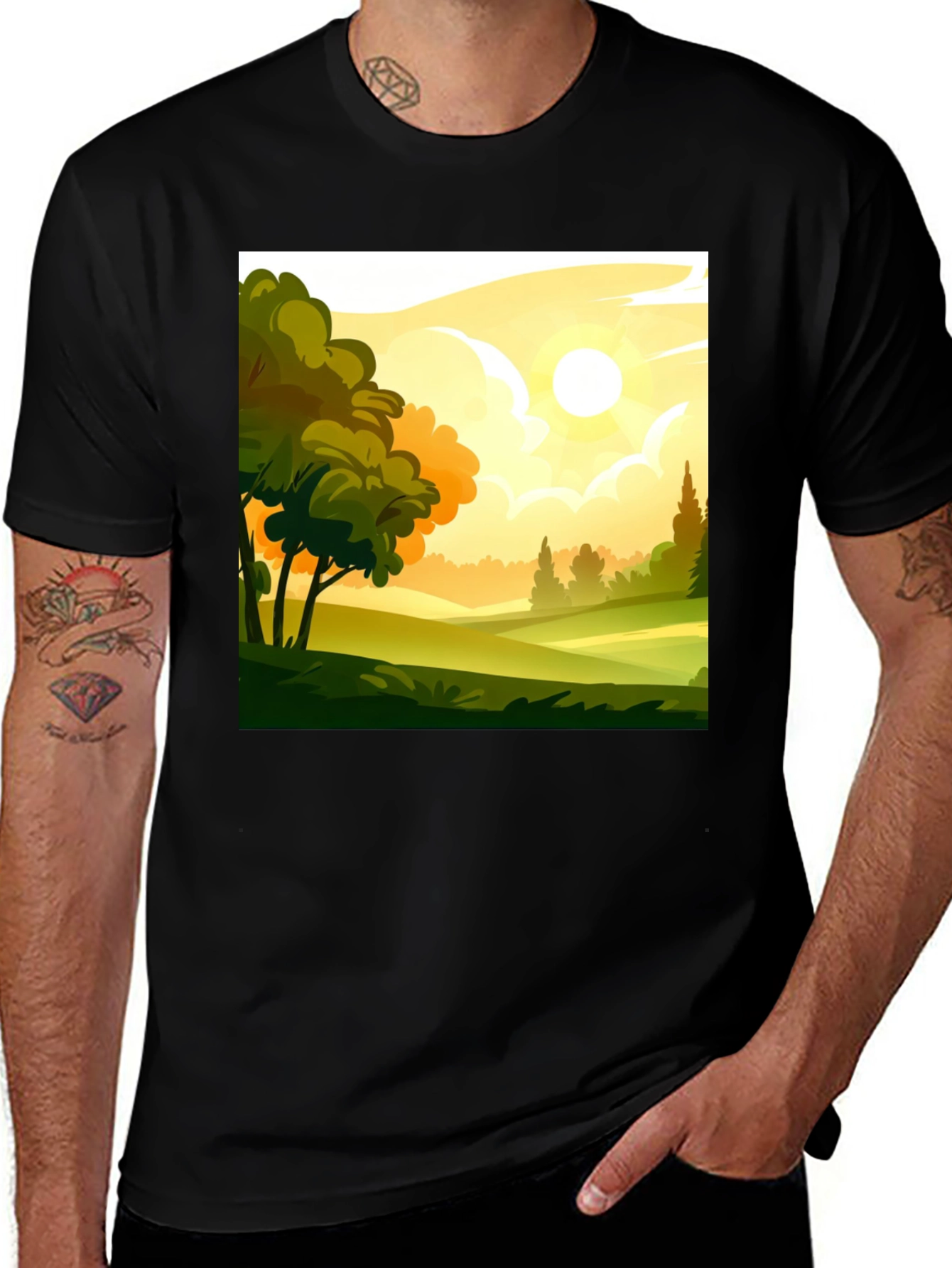 Nature Landscape Graphic Tee - Stylish Black T-Shirt