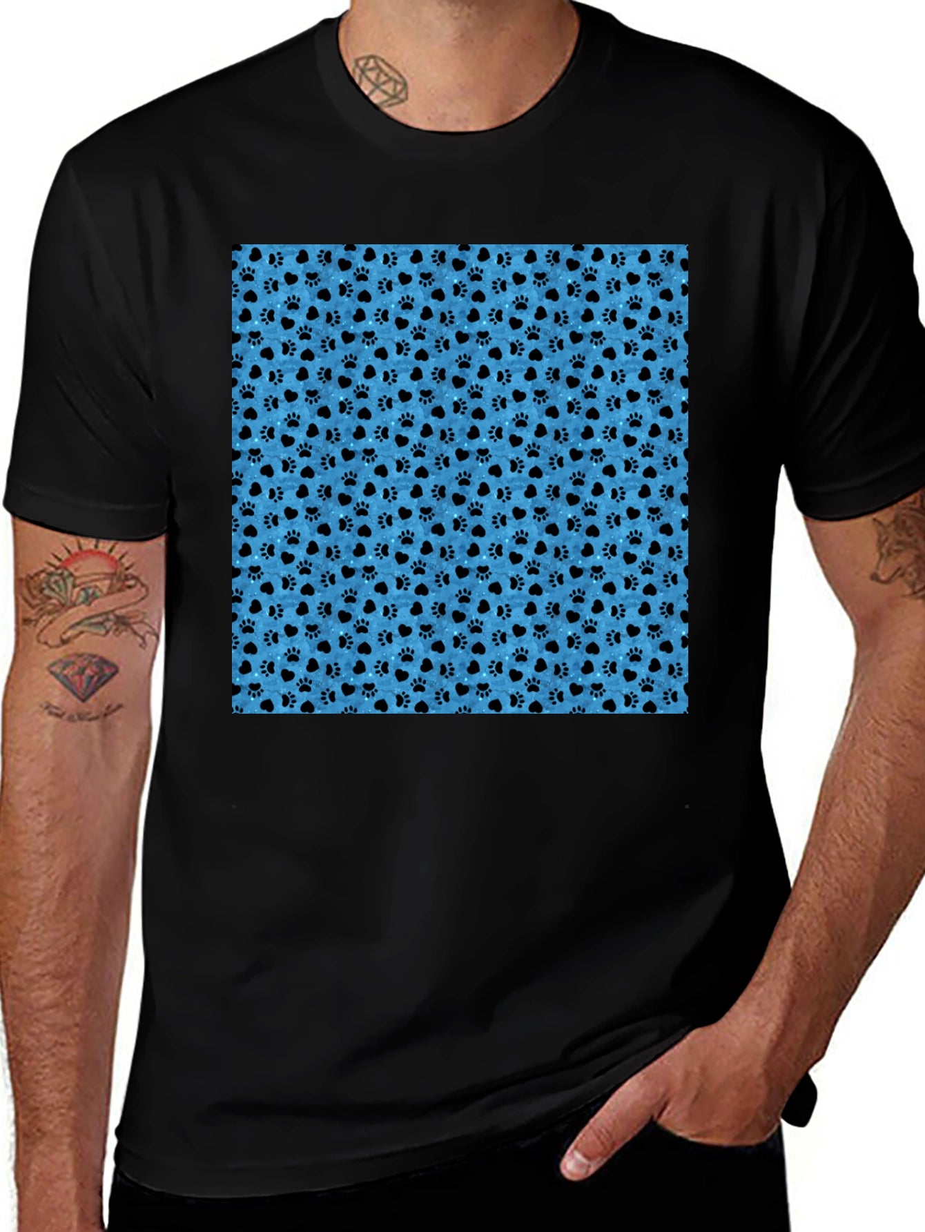 Paw Print Pattern Mens Black T-Shirt