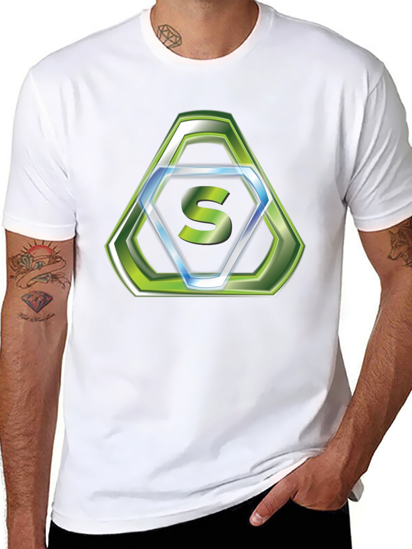 Stylish Black T-Shirt with Green Hexagon S Logo