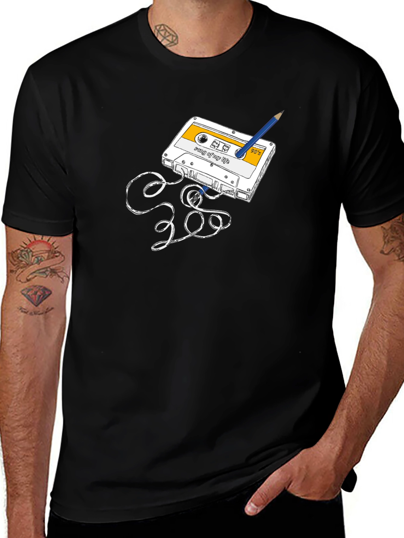 Retro Cassette Tape & Pencil Graphic T-Shirt