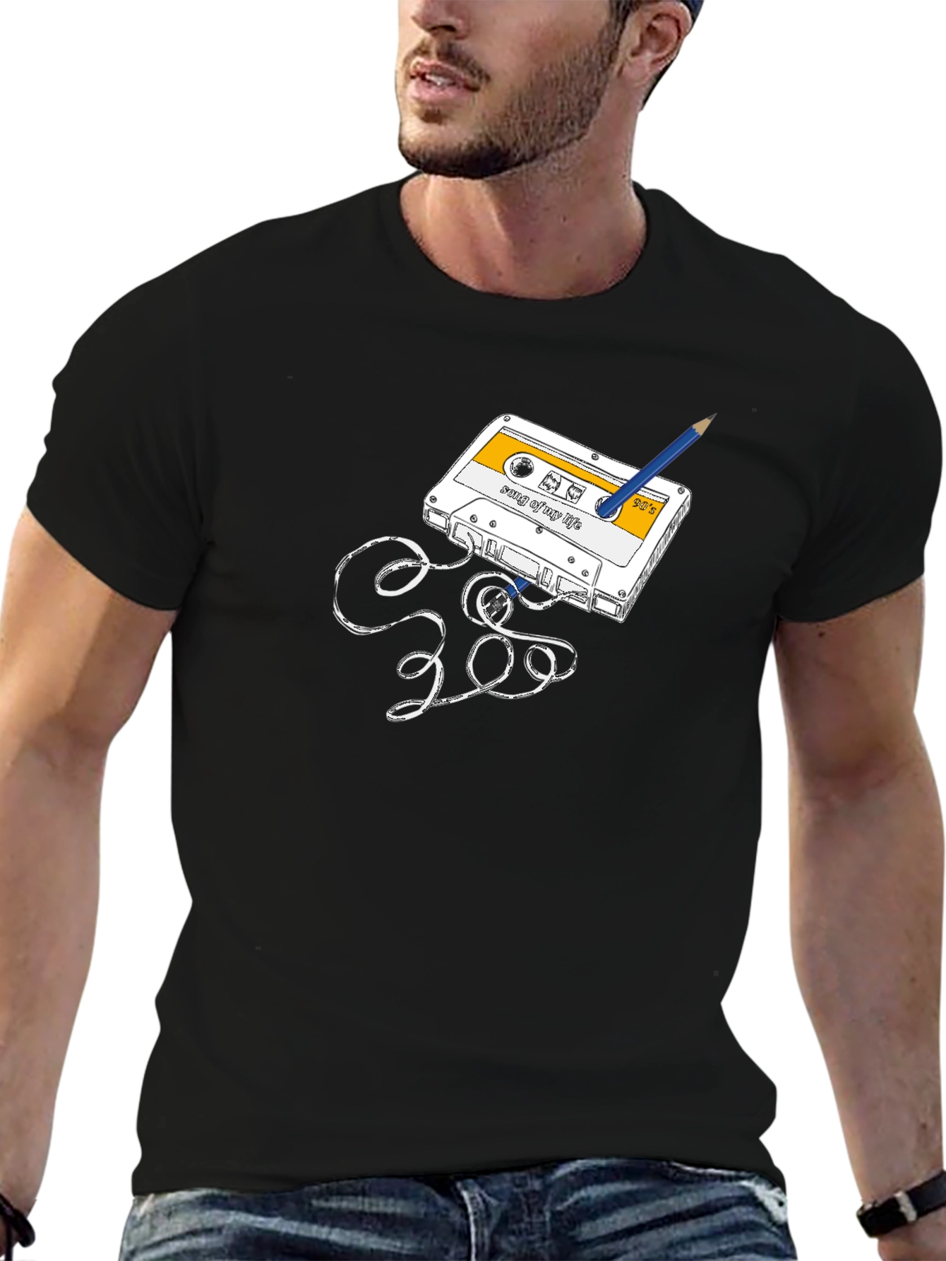Retro Cassette Tape & Pencil Graphic T-Shirt