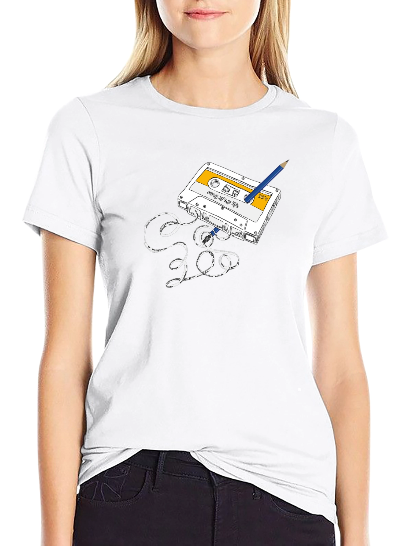 Retro Cassette Tape & Pencil Graphic T-Shirt
