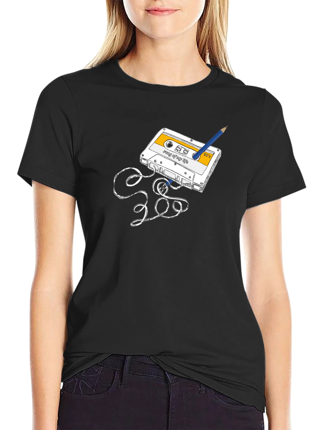 Retro Cassette Tape & Pencil Graphic T-Shirt