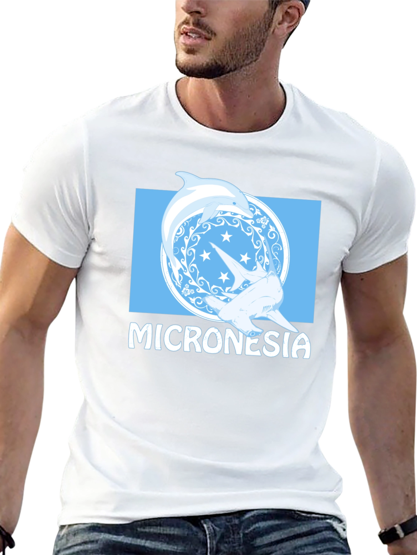 Micronesia Dolphin Shark Graphic Tee - Black Cotton T-Shirt