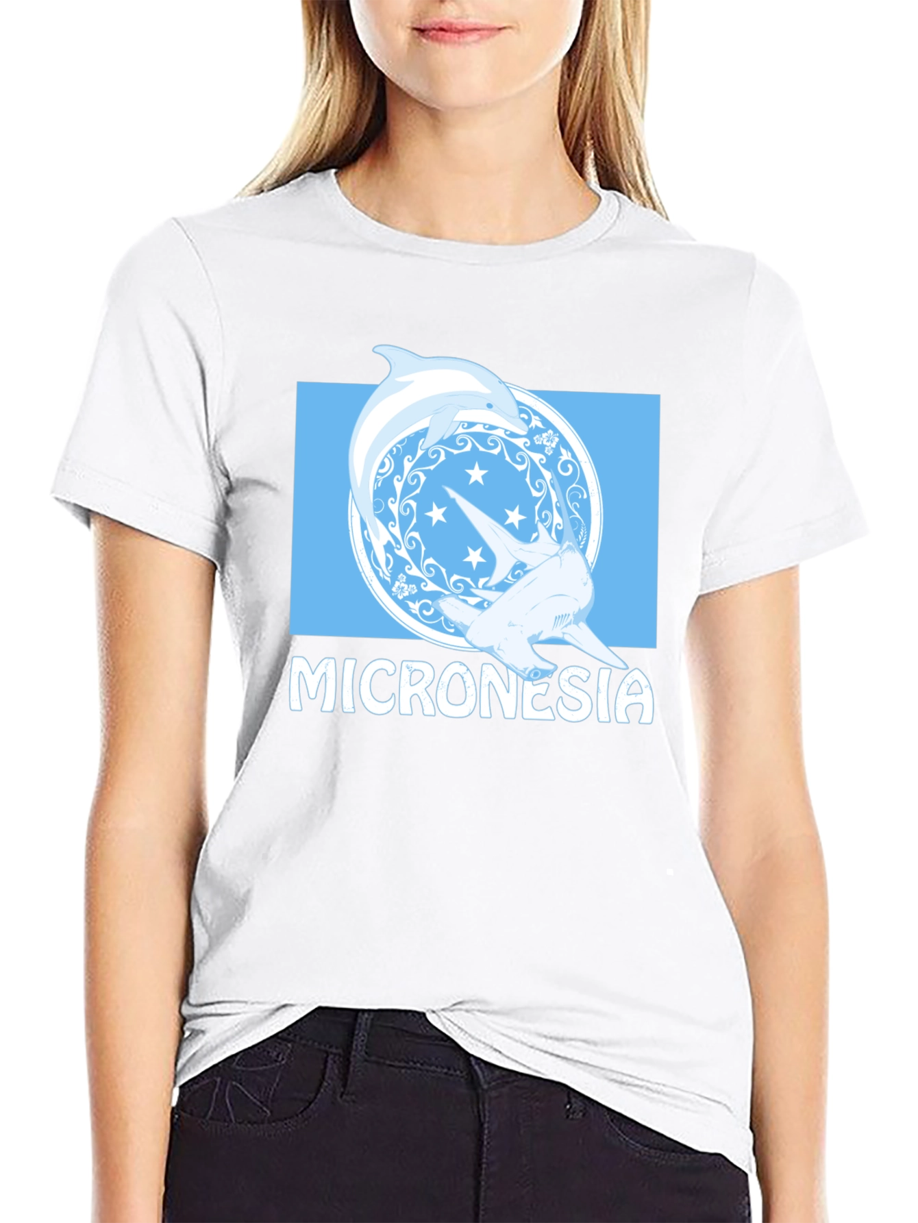 Micronesia Dolphin Shark Graphic Tee - Black Cotton T-Shirt