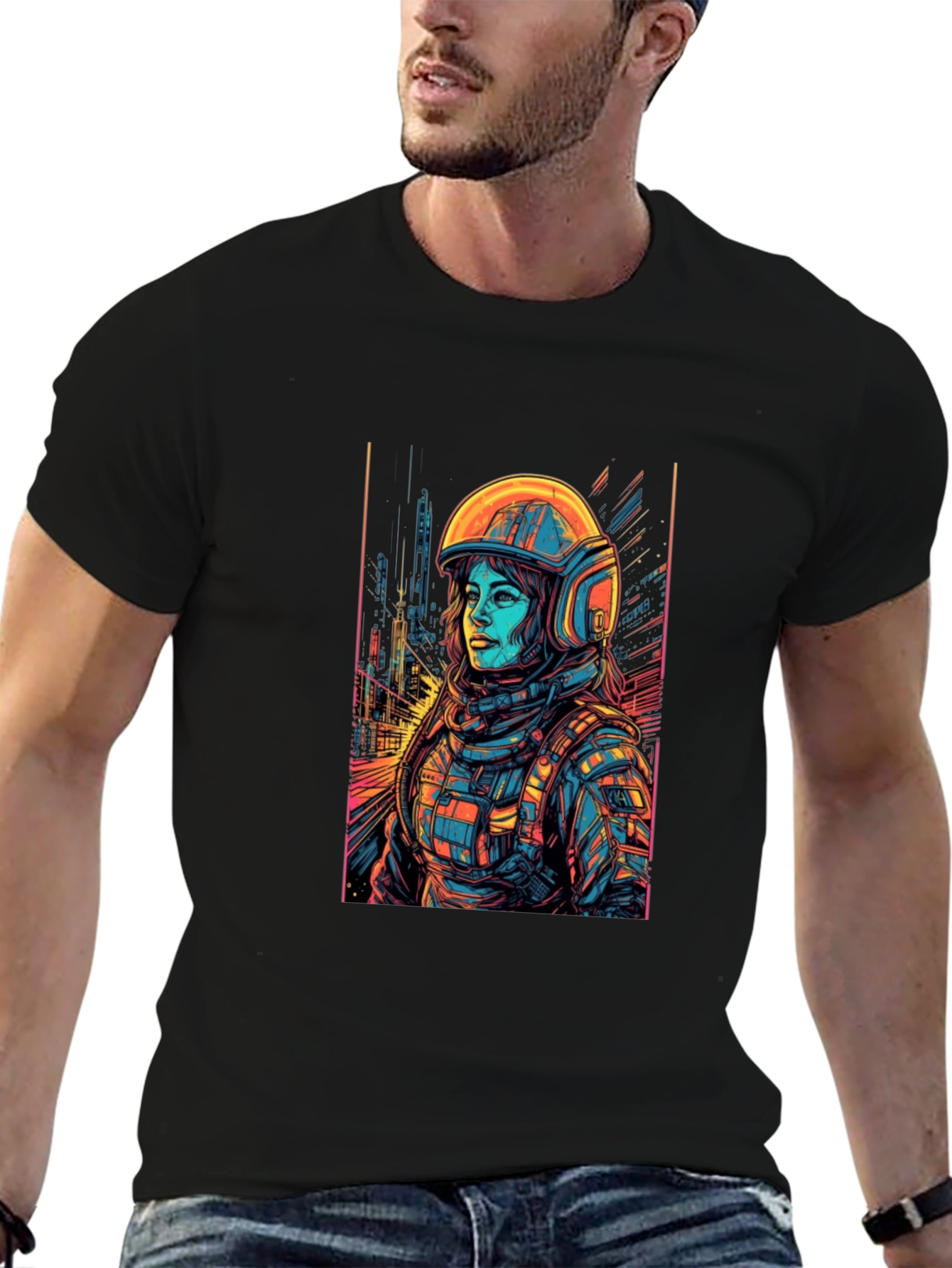 Sci-Fi Astronaut Graphic Tee - Black Cotton Comfort