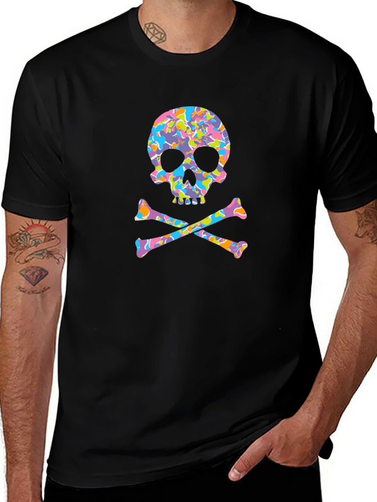 Colorful Skull & Crossbones Graphic Black T-Shirt