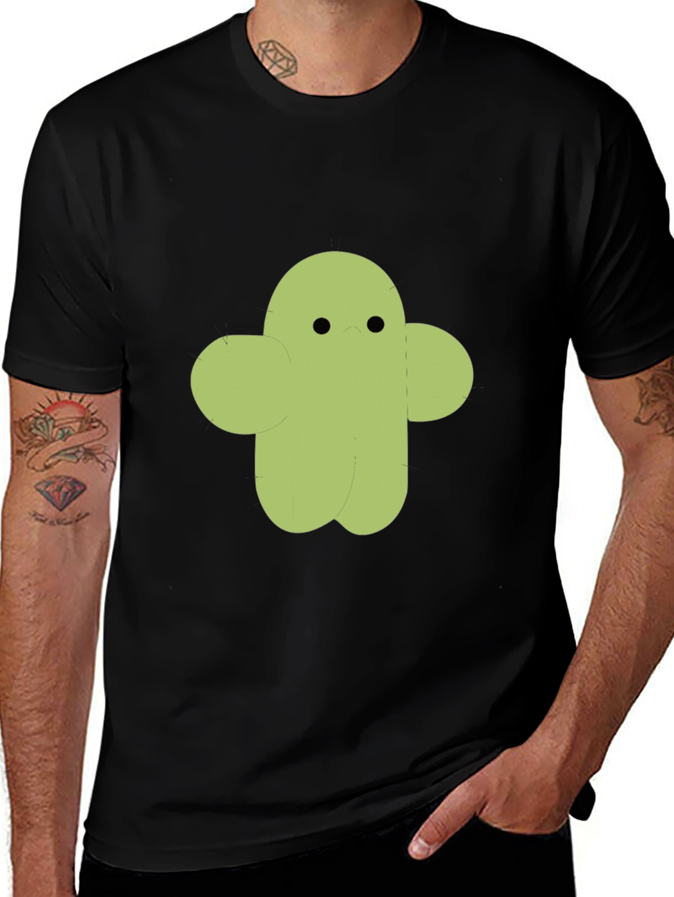 Cute Cactus Character Graphic Tee - Black