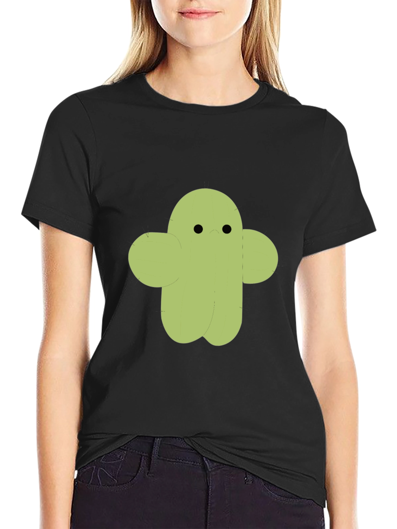 Cute Cactus Character Graphic Tee - Black