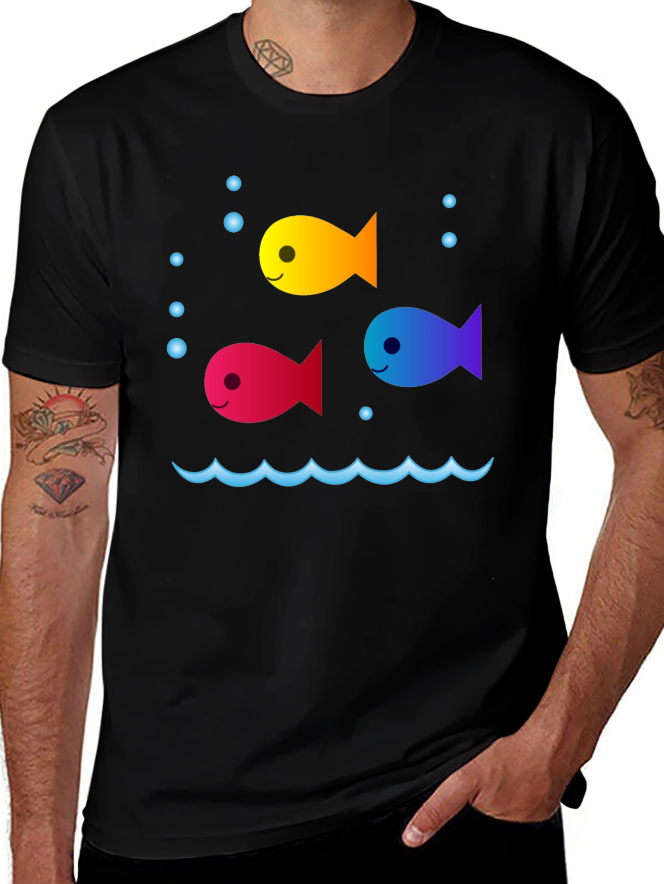 Whimsical Fish Graphic Tee - Black Cotton Comfort