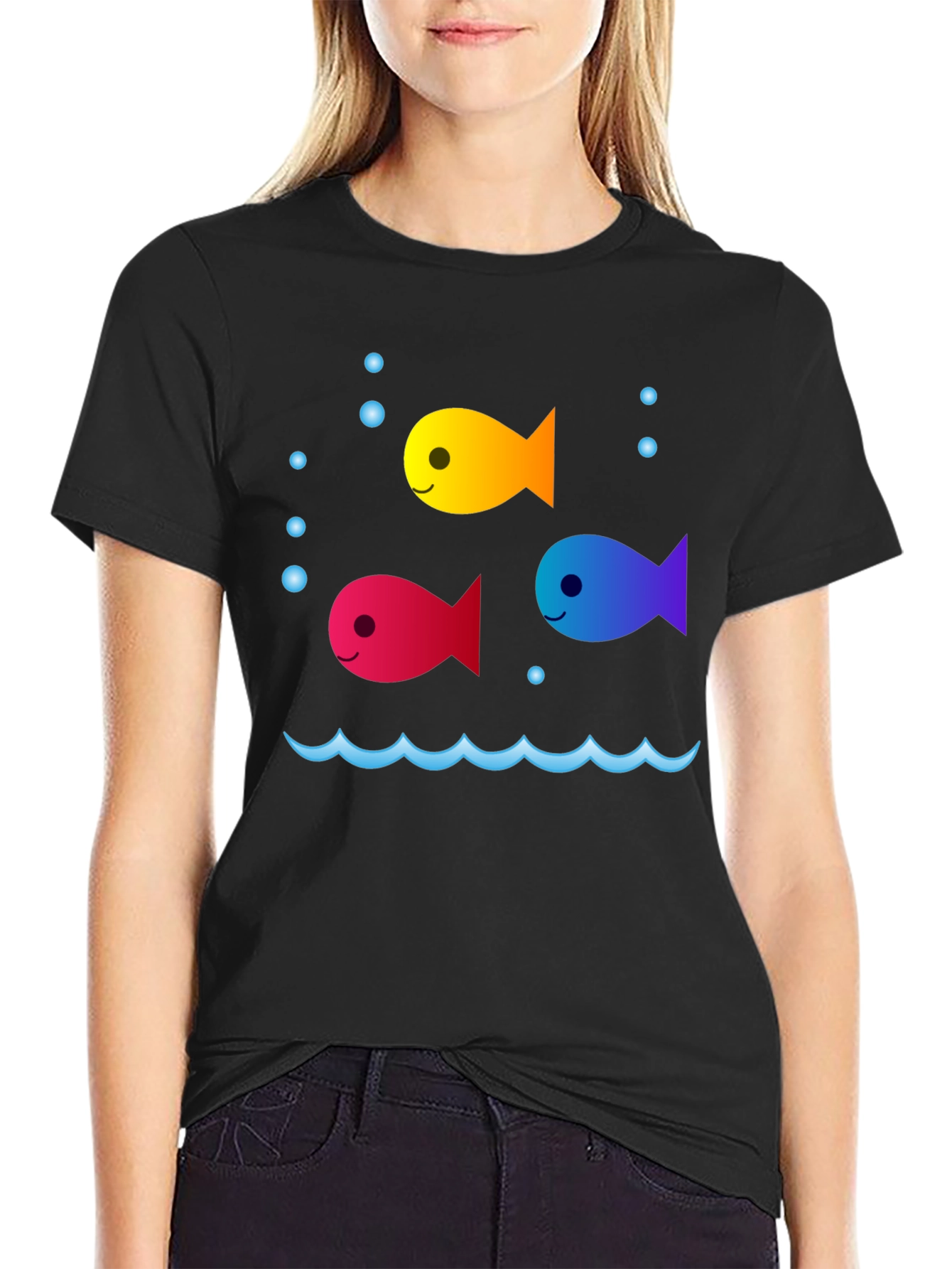 Whimsical Fish Graphic Tee - Black Cotton Comfort