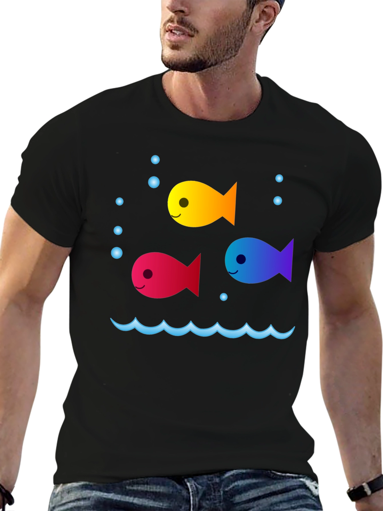 Whimsical Fish Graphic Tee - Black Cotton Comfort