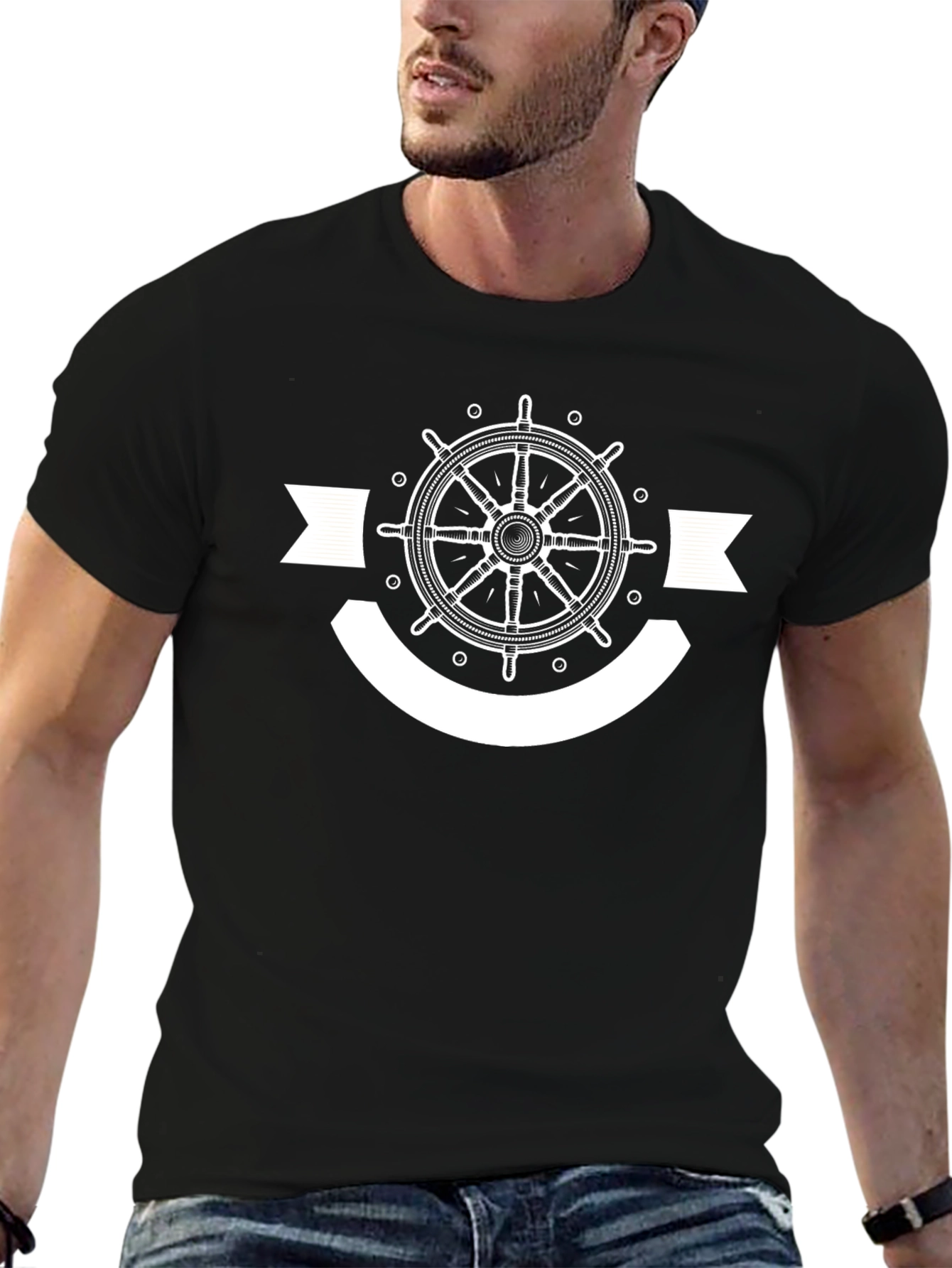 Nautical Wheel Graphic T-Shirt - Black Cotton Tee