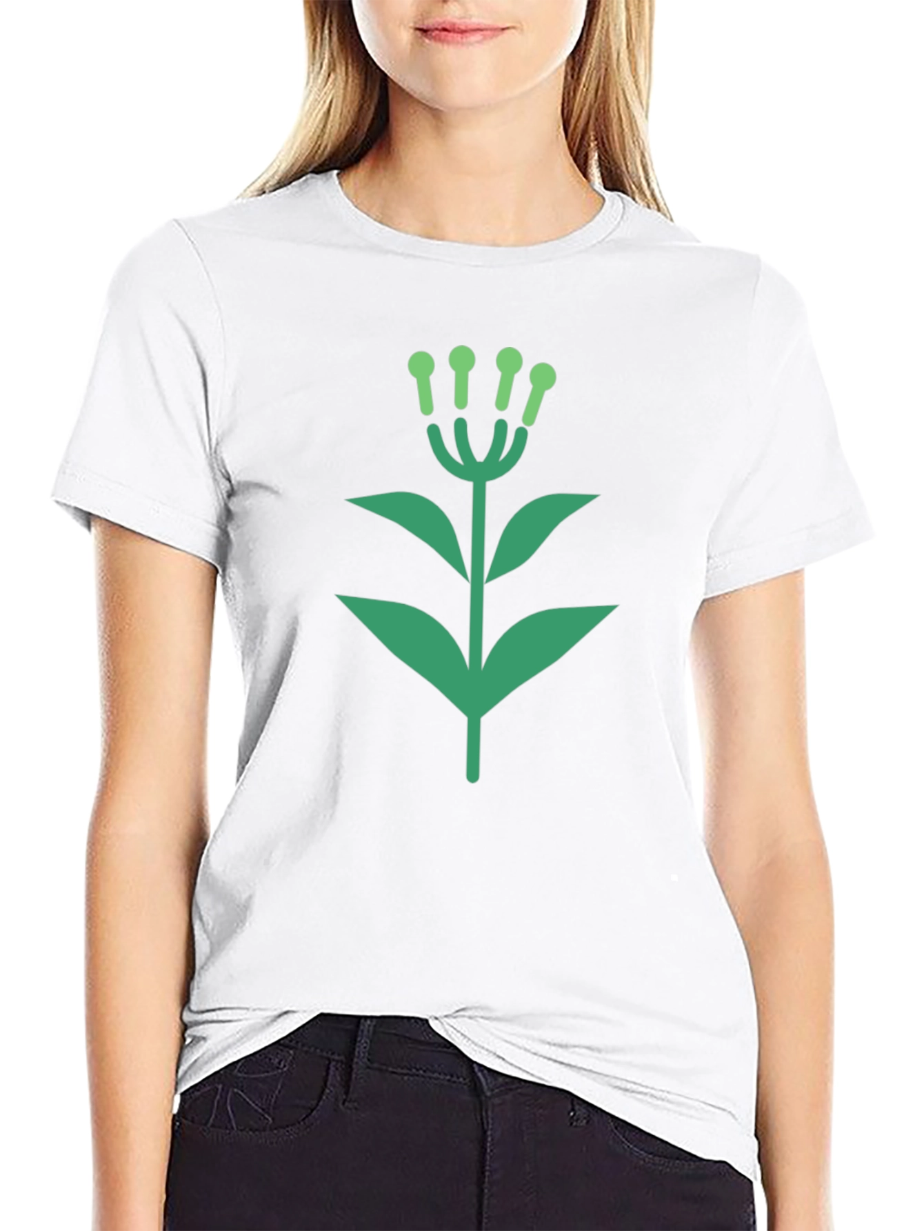 Green Floral Graphic Black T-Shirt