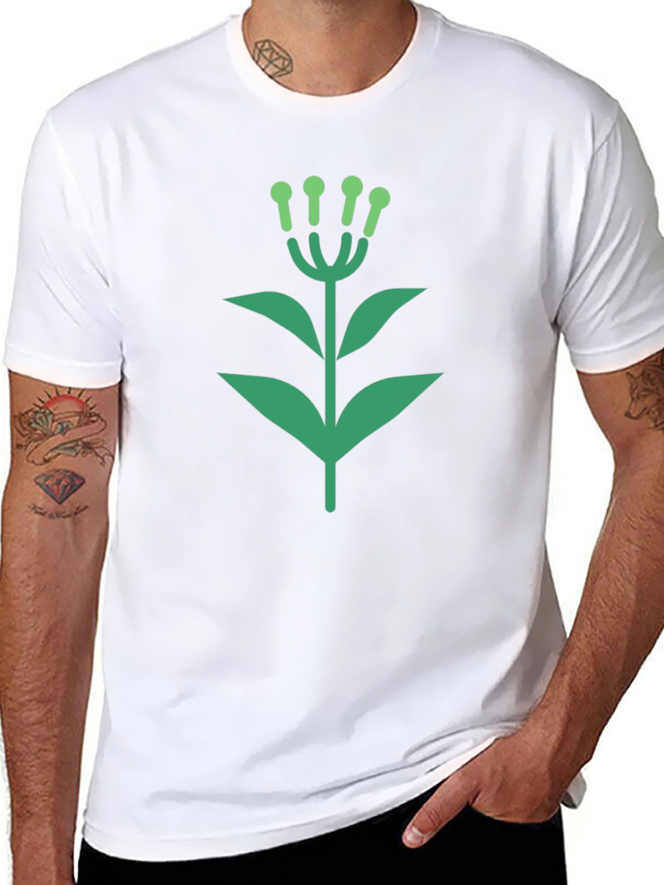 Green Floral Graphic Black T-Shirt