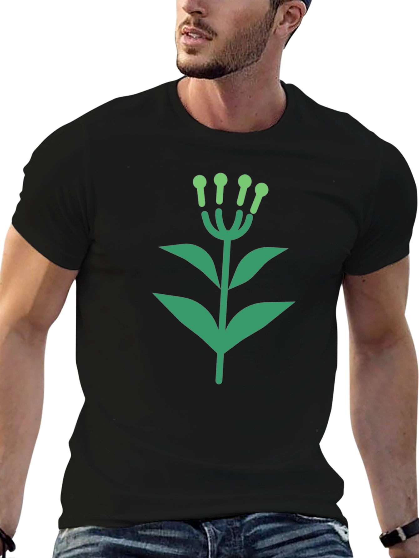 Green Floral Graphic Black T-Shirt