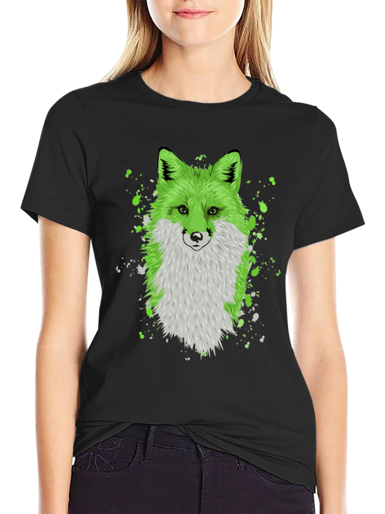 Green Fox Graphic Tee - Trendy Animal Design