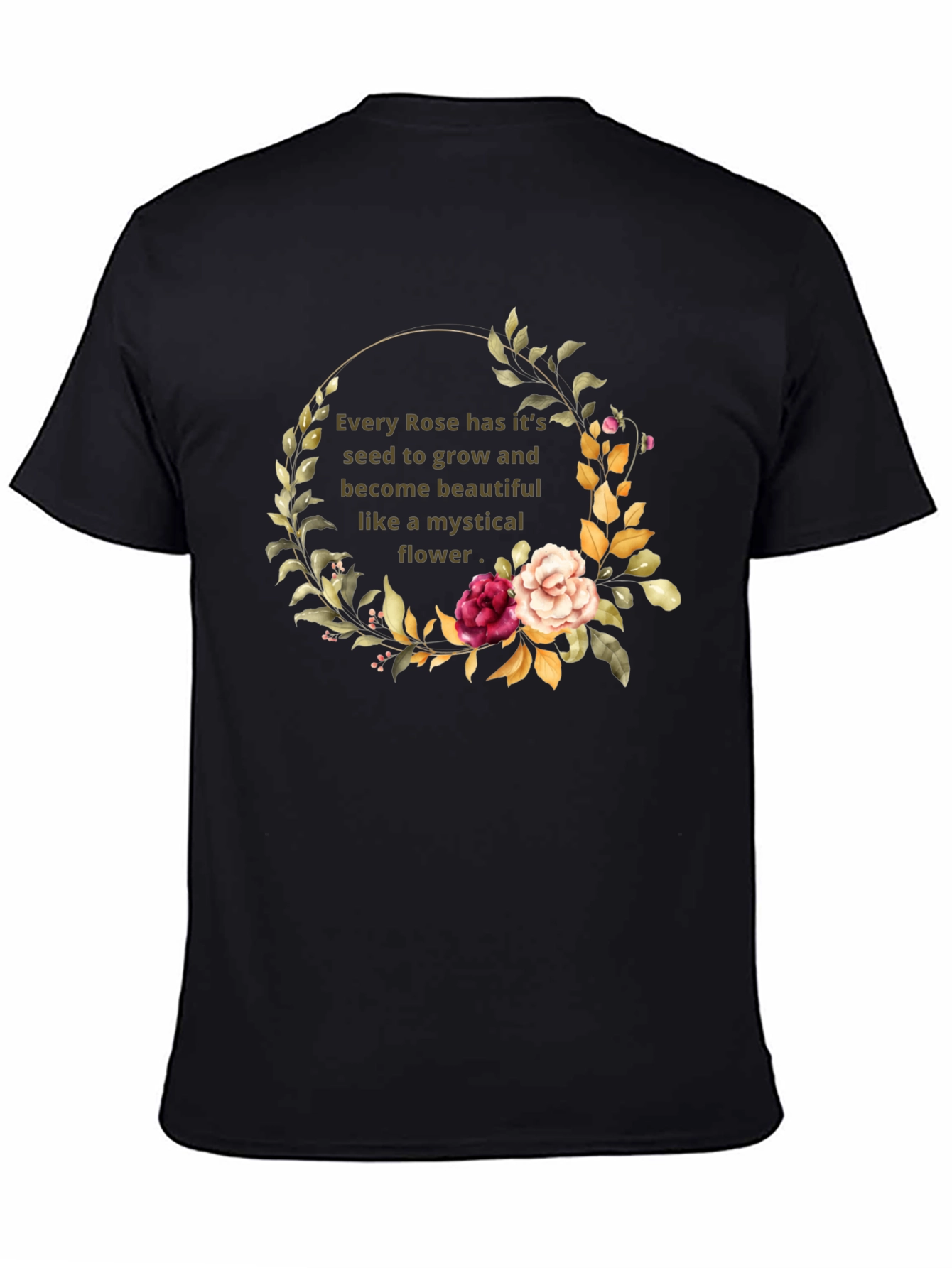 Mystical Rose Flower Graphic Black T-Shirt