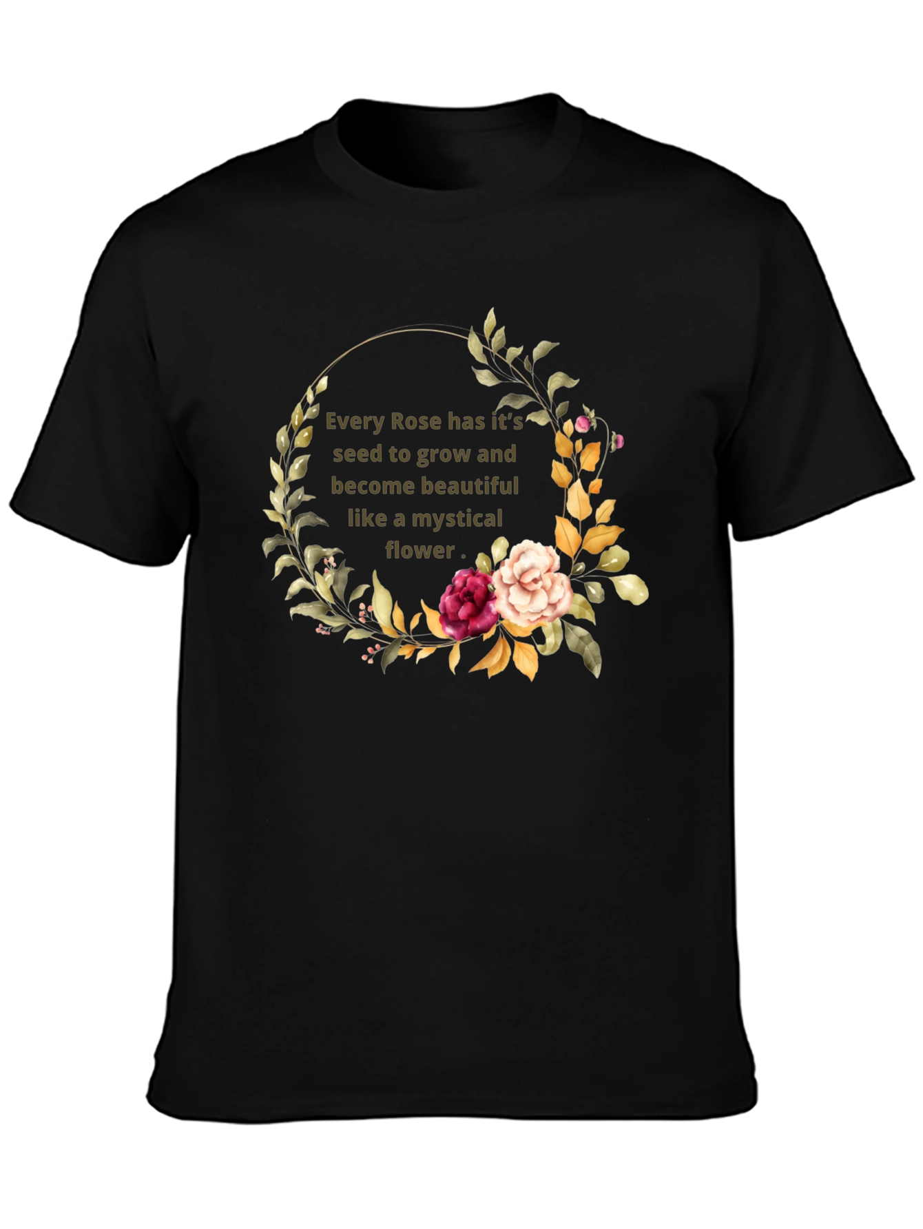 Mystical Rose Flower Graphic Black T-Shirt