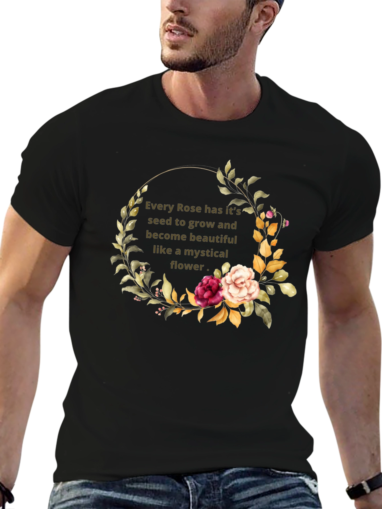 Mystical Rose Flower Graphic Black T-Shirt
