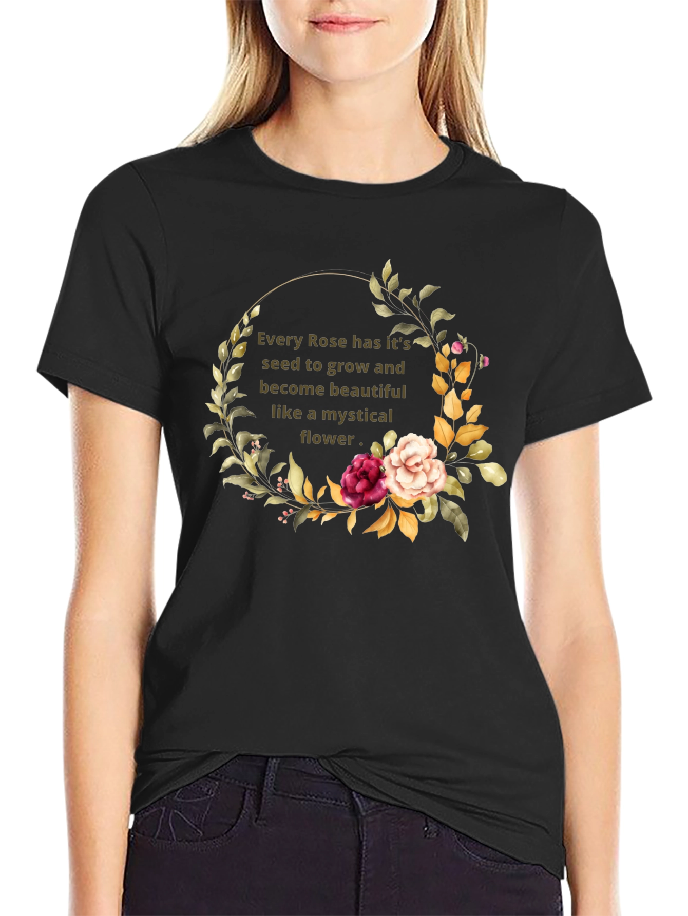 Mystical Rose Flower Graphic Black T-Shirt
