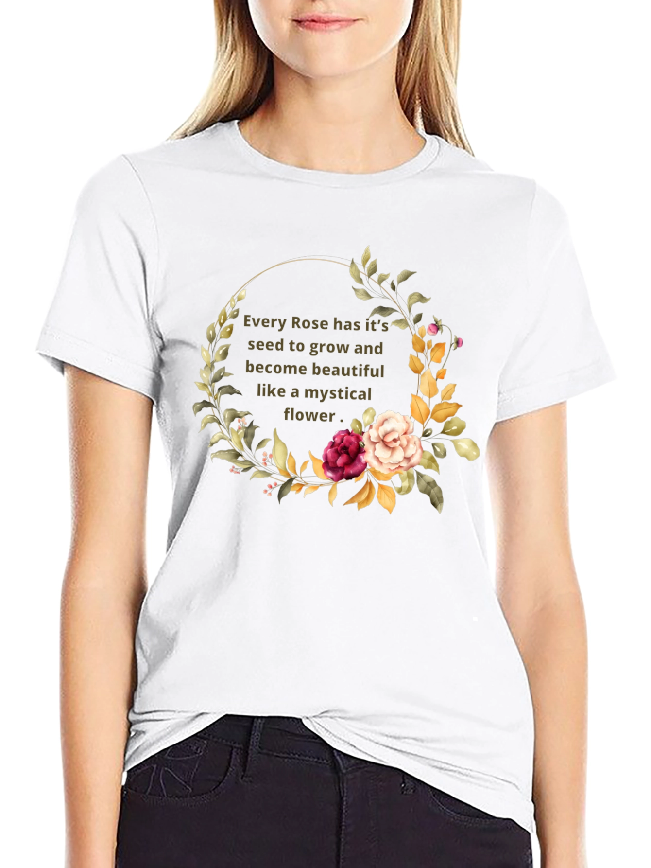 Mystical Rose Flower Graphic Black T-Shirt