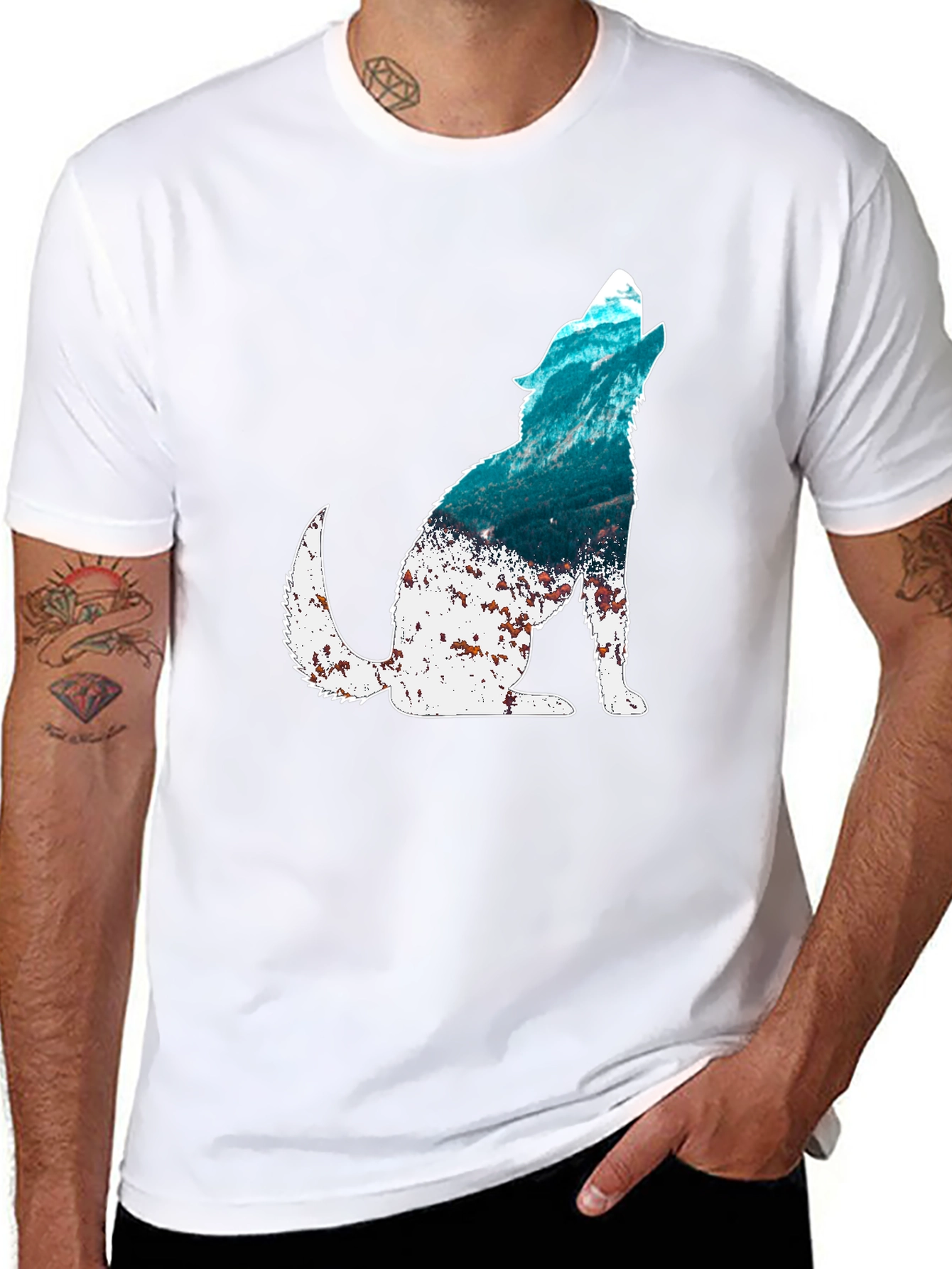 Wolf Silhouette Ocean Graphic Tee - Mens Black T-Shirt