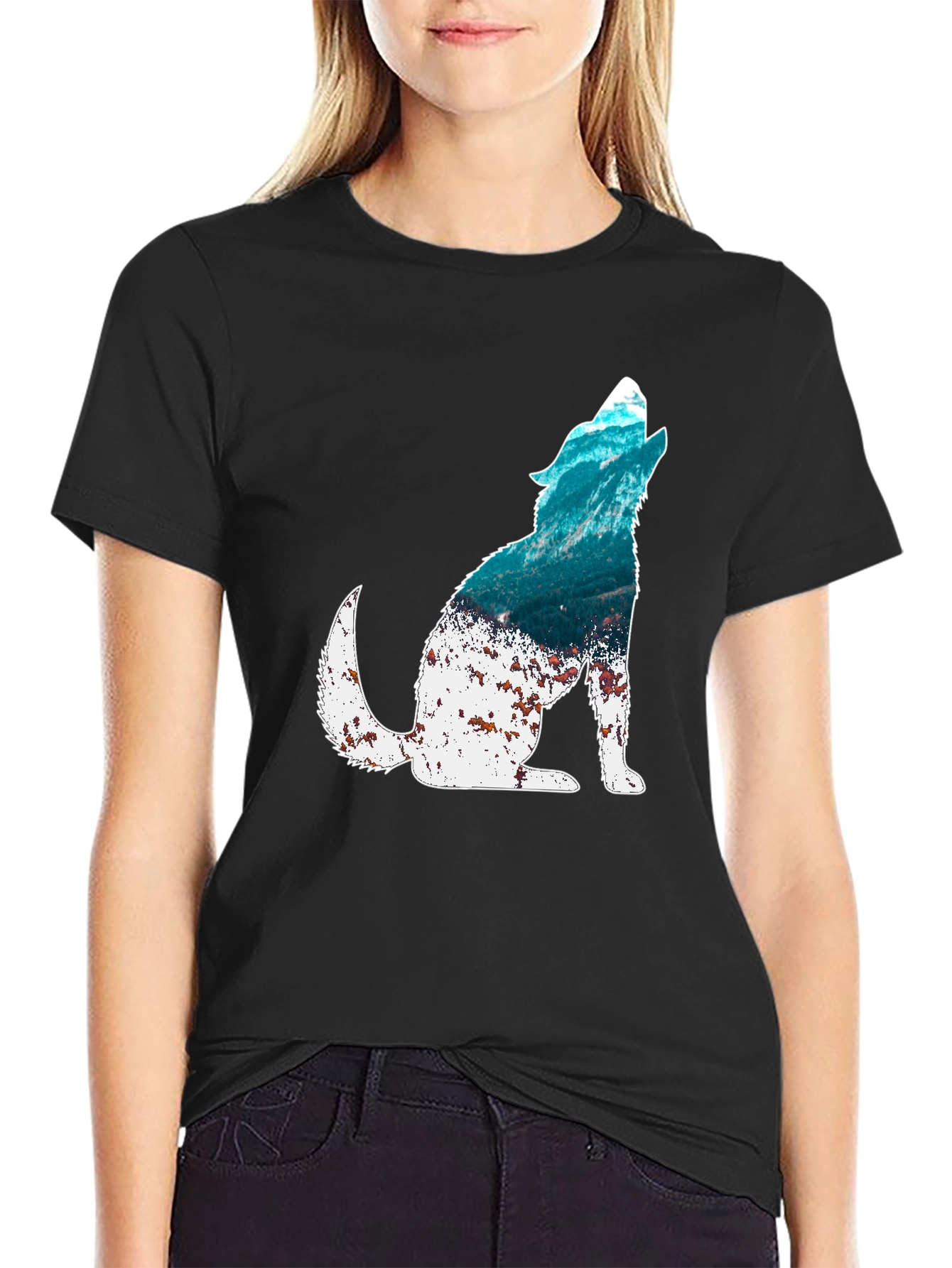 Wolf Silhouette Ocean Graphic Tee - Mens Black T-Shirt