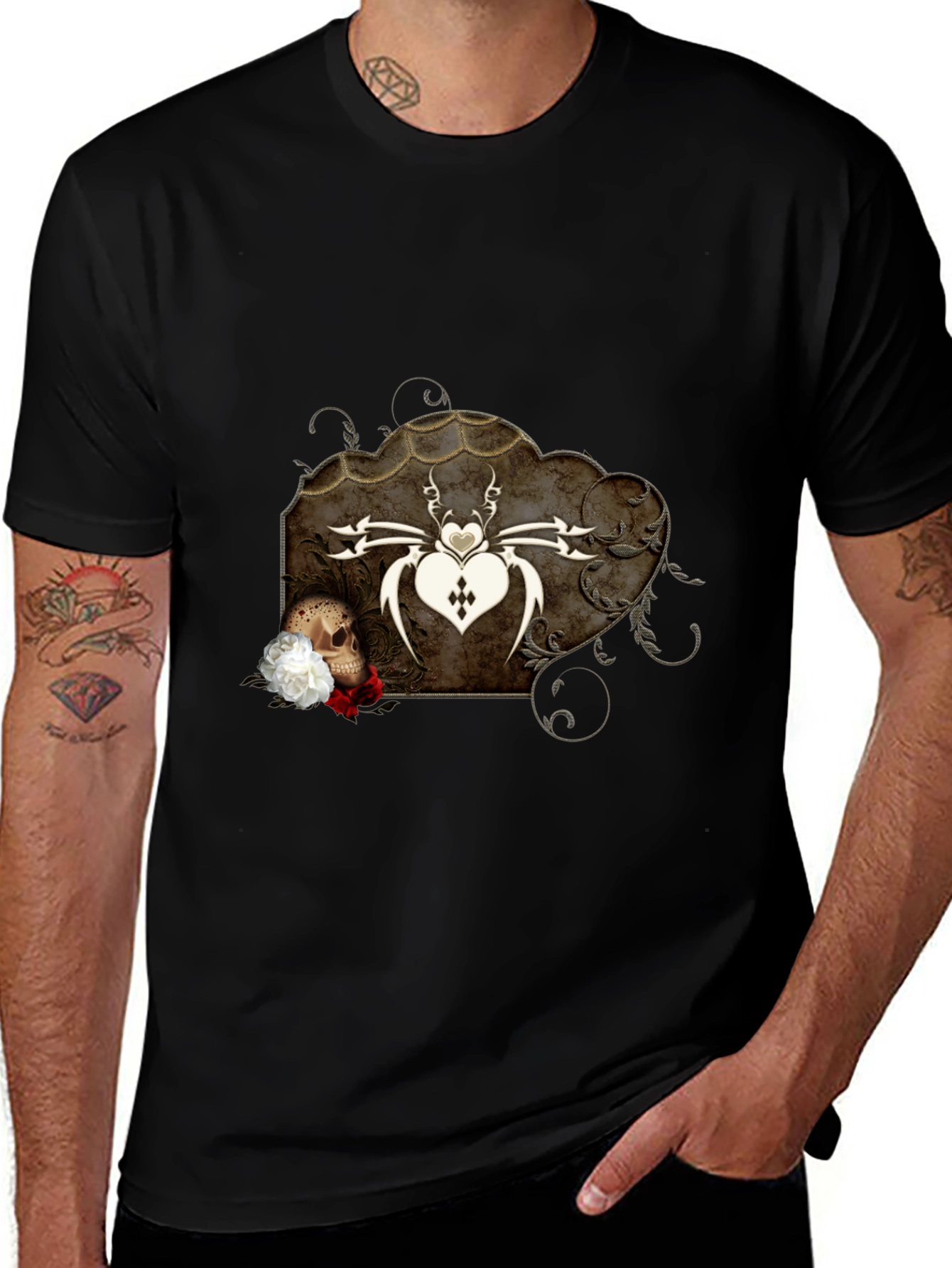 Gothic Spider Heart Skull Graphic Tee