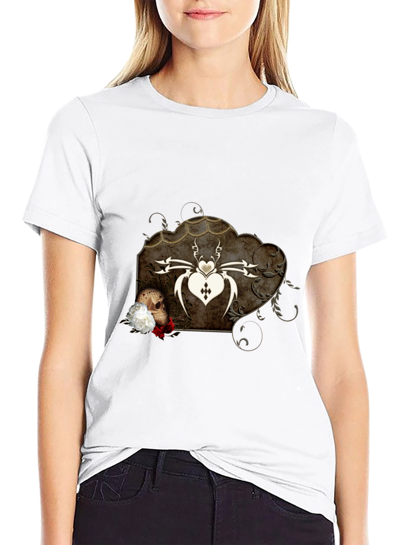Gothic Spider Heart Skull Graphic Tee