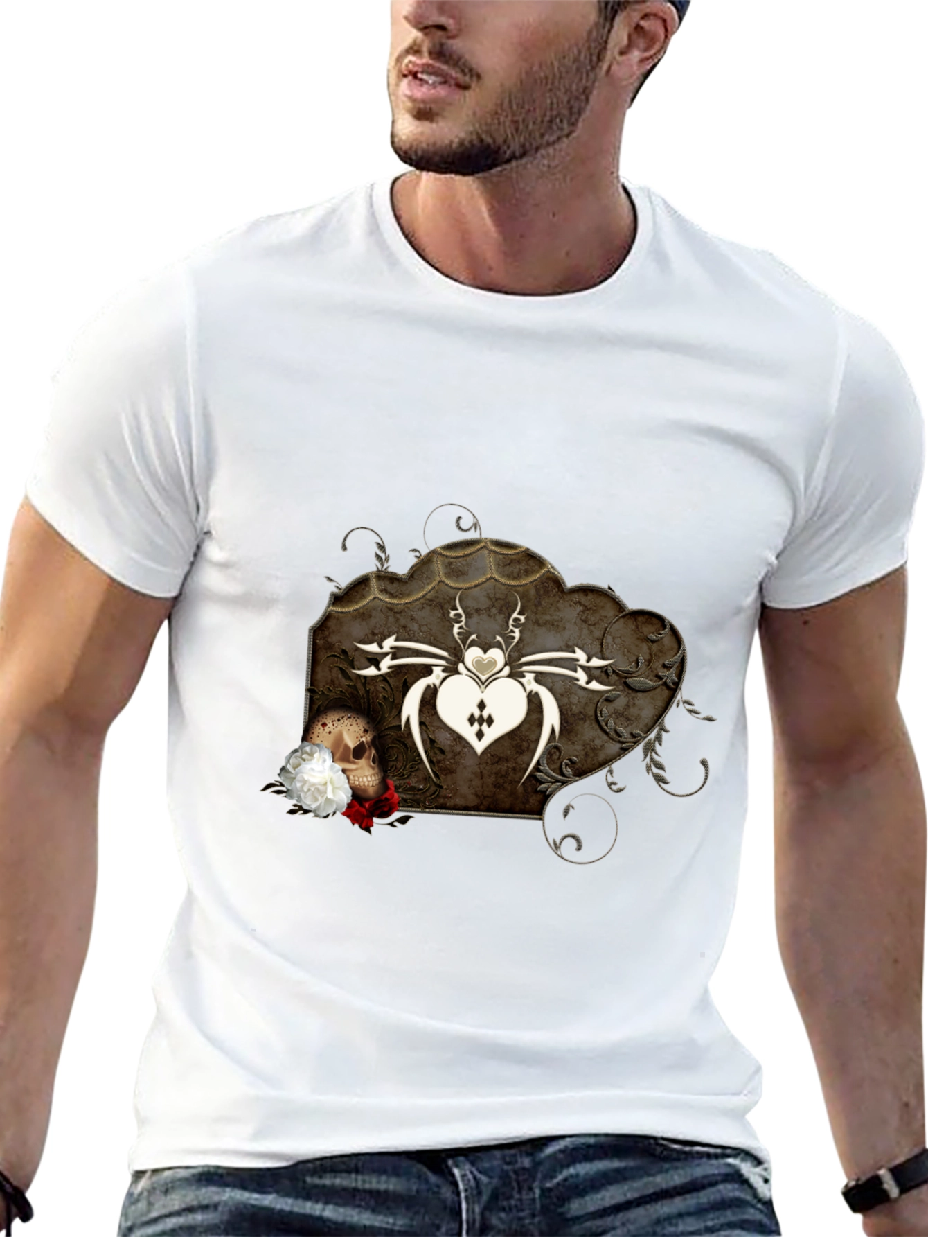 Gothic Spider Heart Skull Graphic Tee