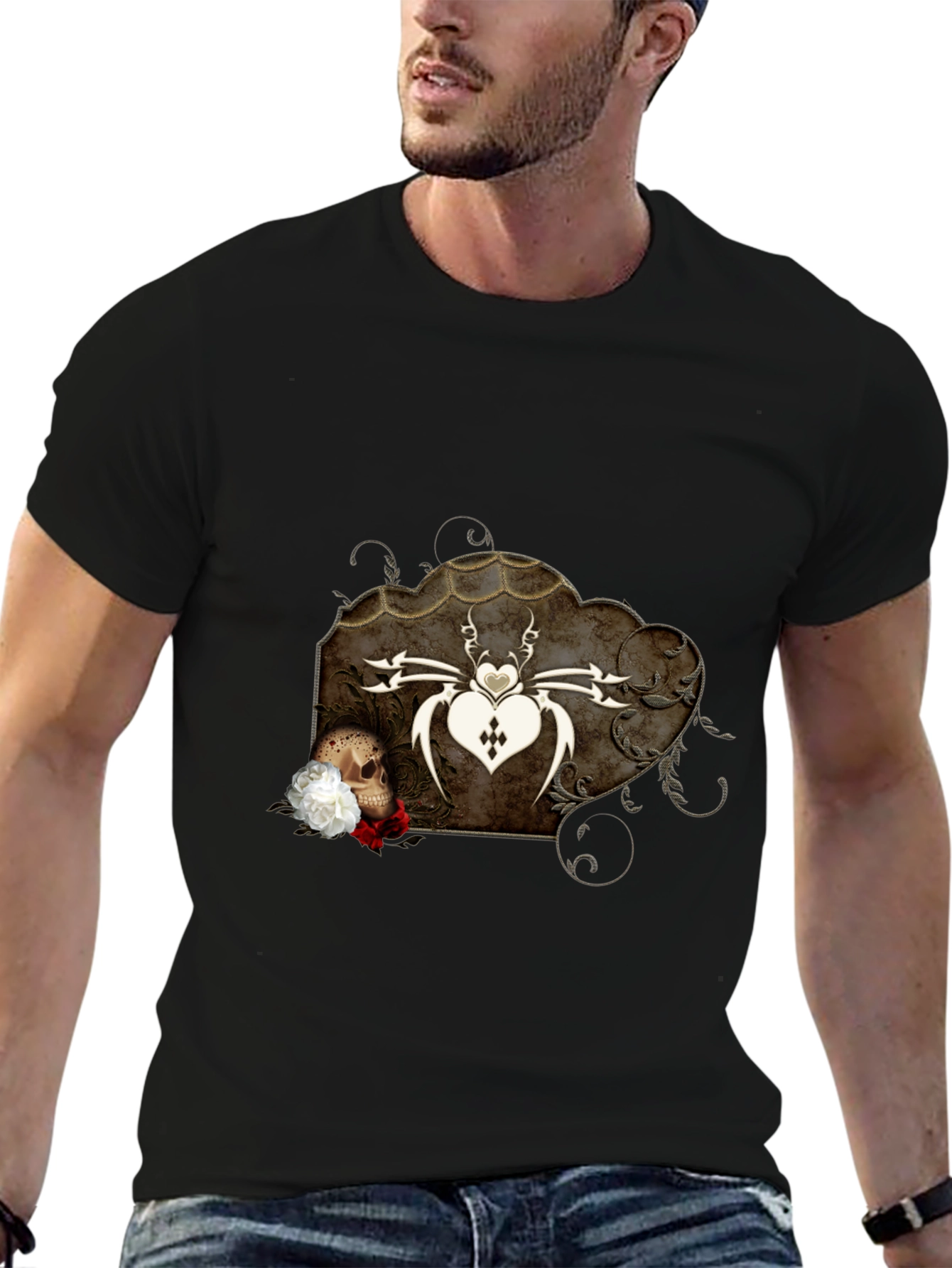 Gothic Spider Heart Skull Graphic Tee