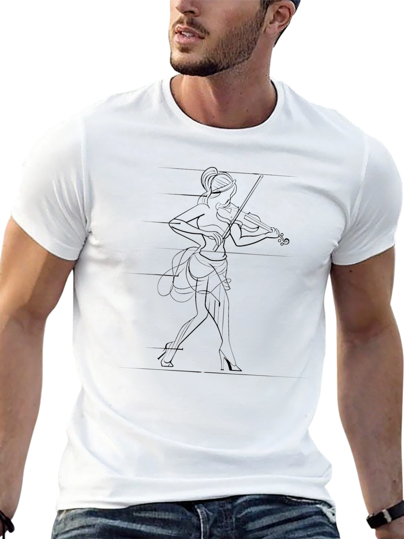 Elegant Violinist Line Art Black T-Shirt