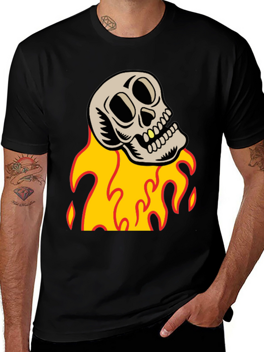 Skull on Fire Graphic Tee - Black Cotton T-Shirt
