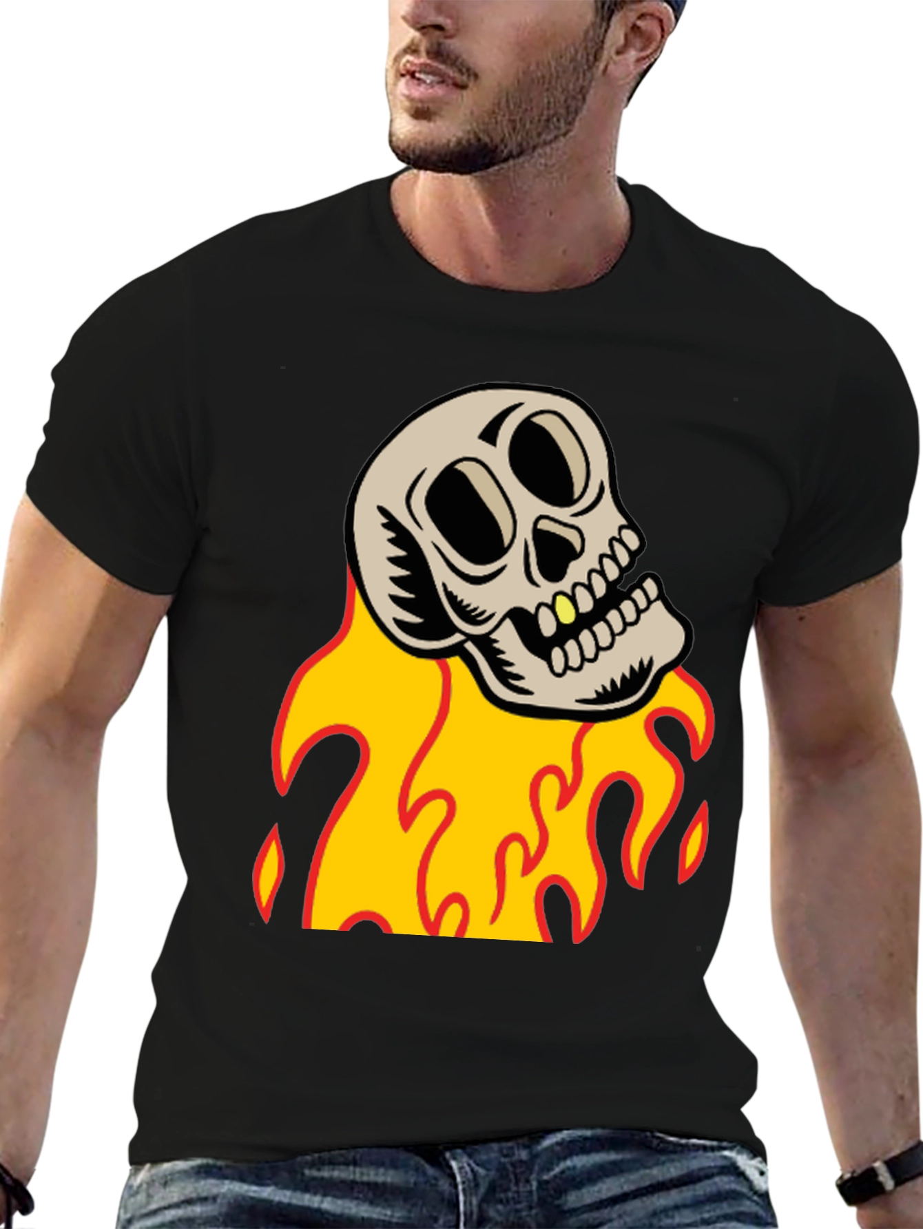 Skull on Fire Graphic Tee - Black Cotton T-Shirt