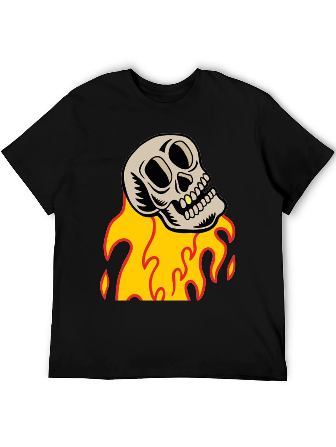 Skull on Fire Graphic Tee - Black Cotton T-Shirt