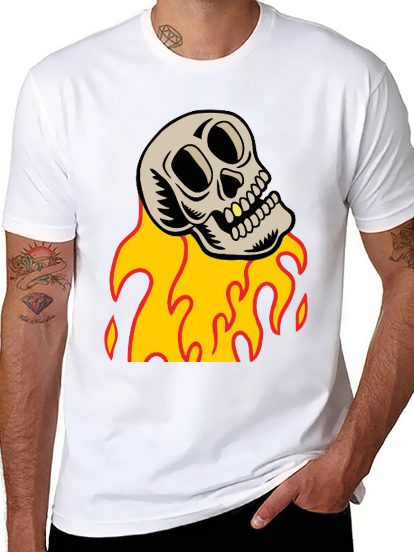 Skull on Fire Graphic Tee - Black Cotton T-Shirt