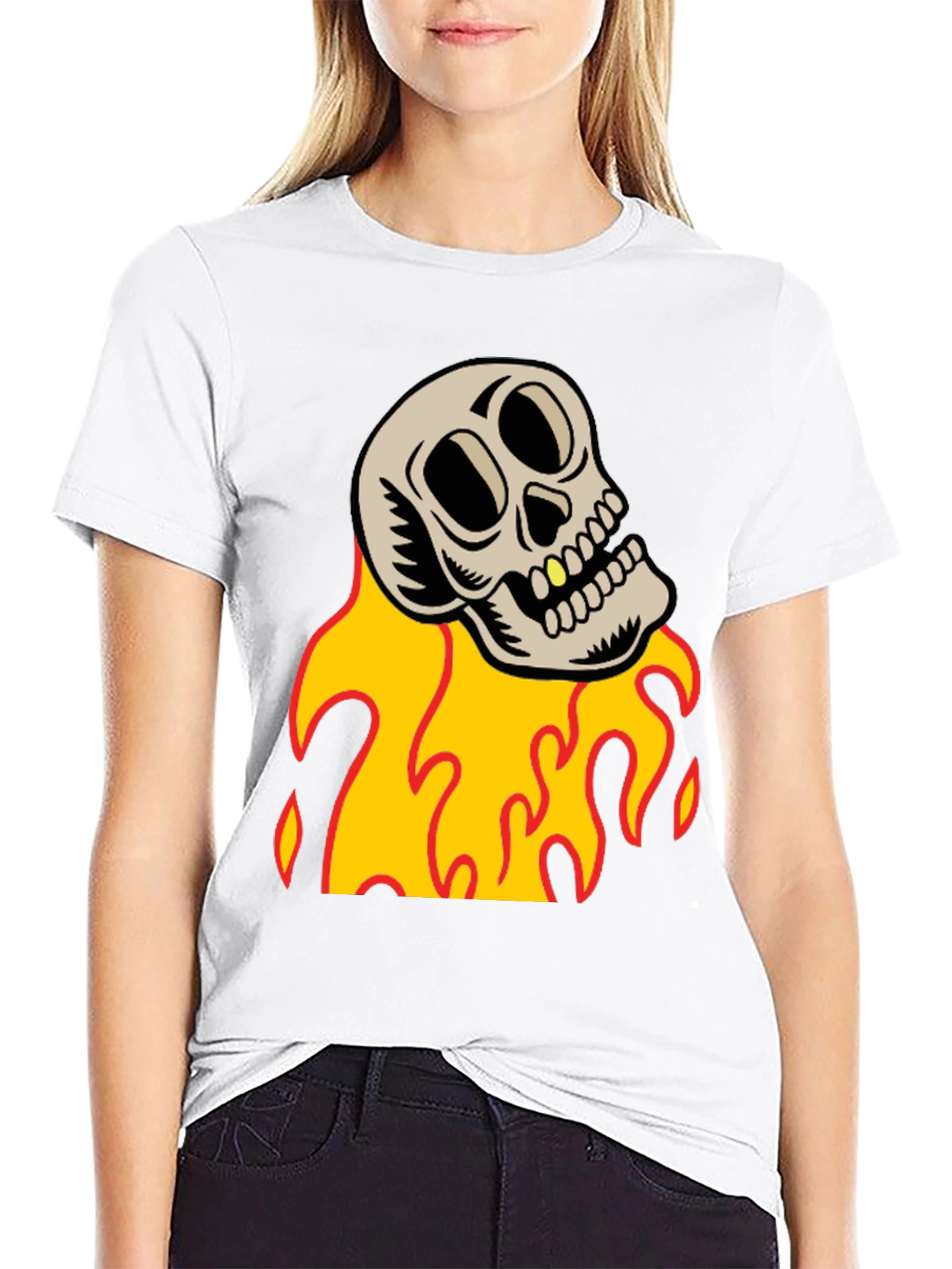 Skull on Fire Graphic Tee - Black Cotton T-Shirt