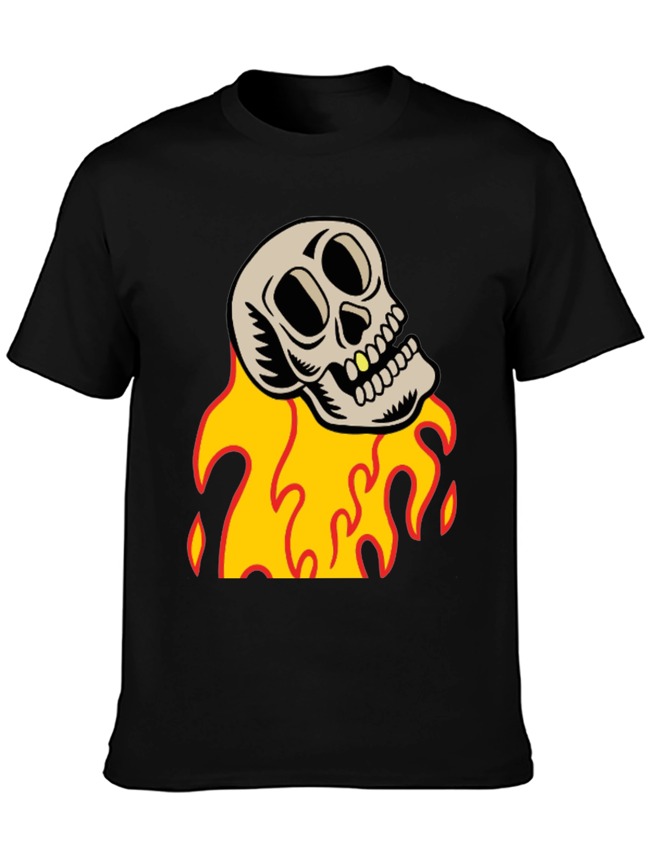Skull on Fire Graphic Tee - Black Cotton T-Shirt
