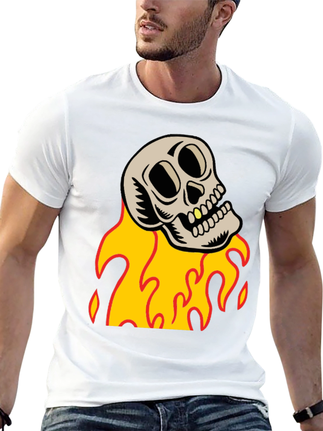 Skull on Fire Graphic Tee - Black Cotton T-Shirt