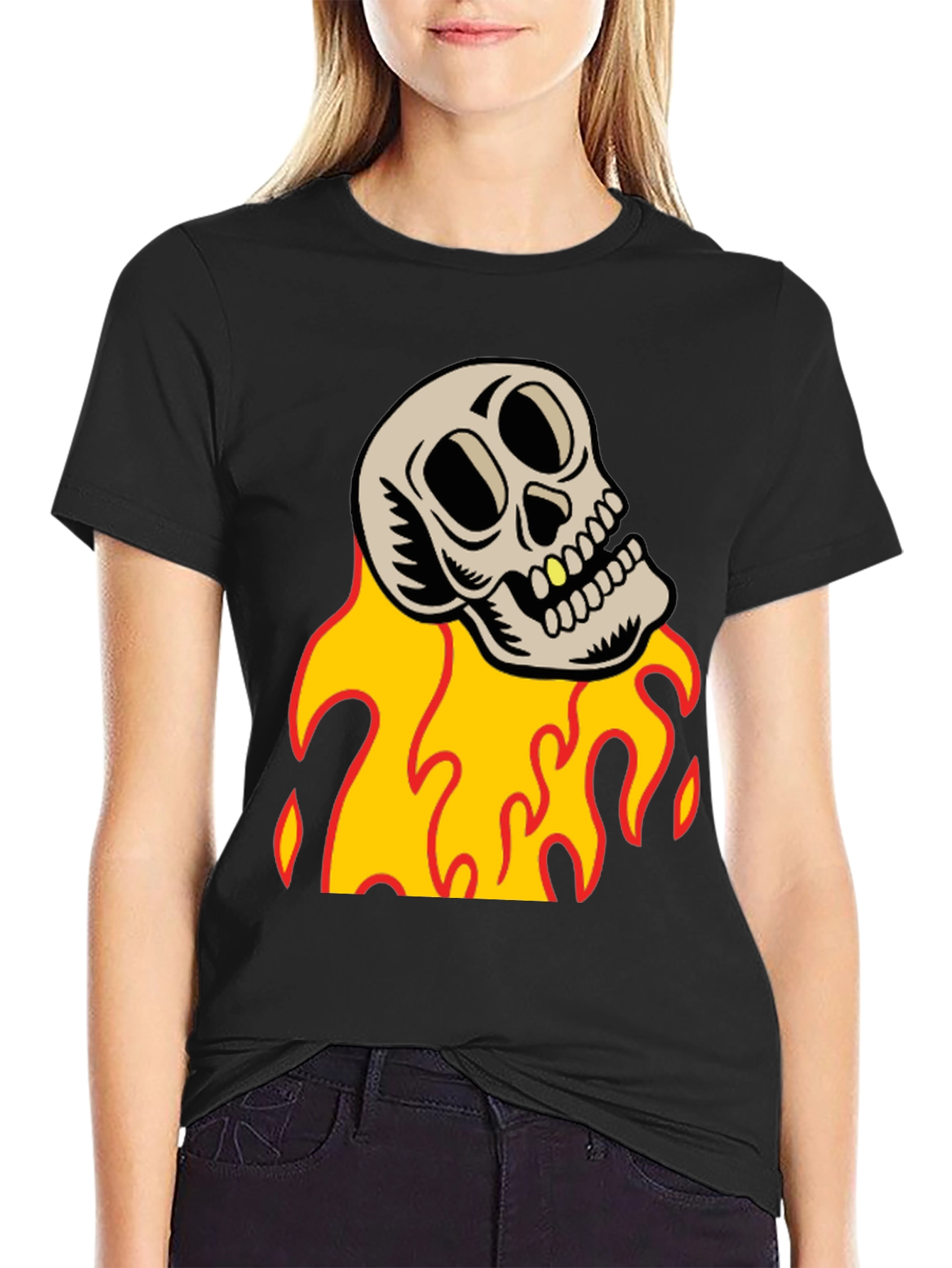 Skull on Fire Graphic Tee - Black Cotton T-Shirt