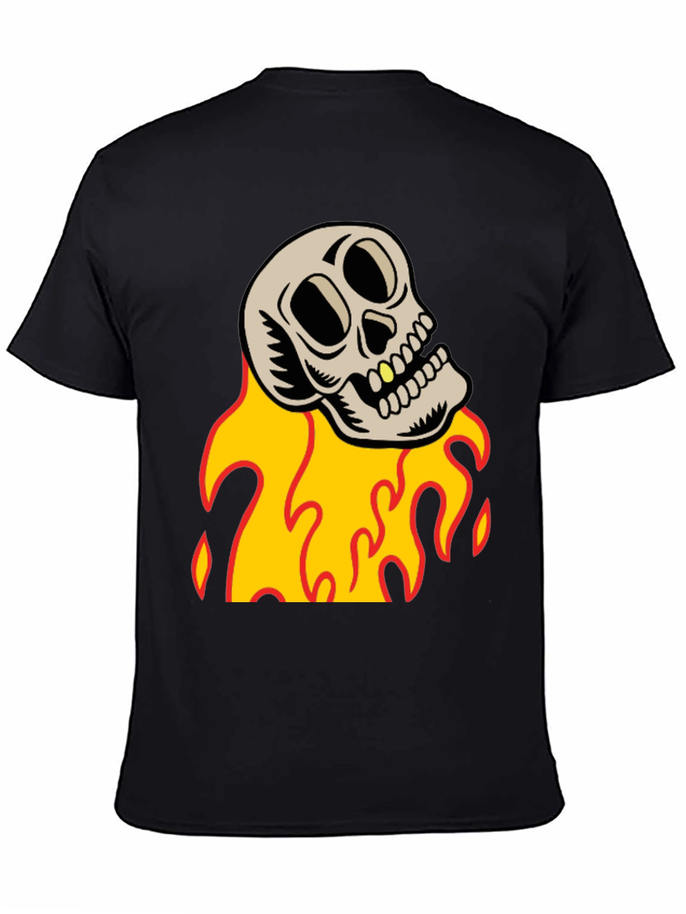 Skull on Fire Graphic Tee - Black Cotton T-Shirt