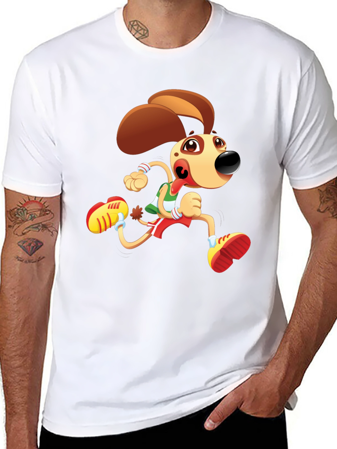 Cartoon Dog Running T-Shirt - Black Fun Design