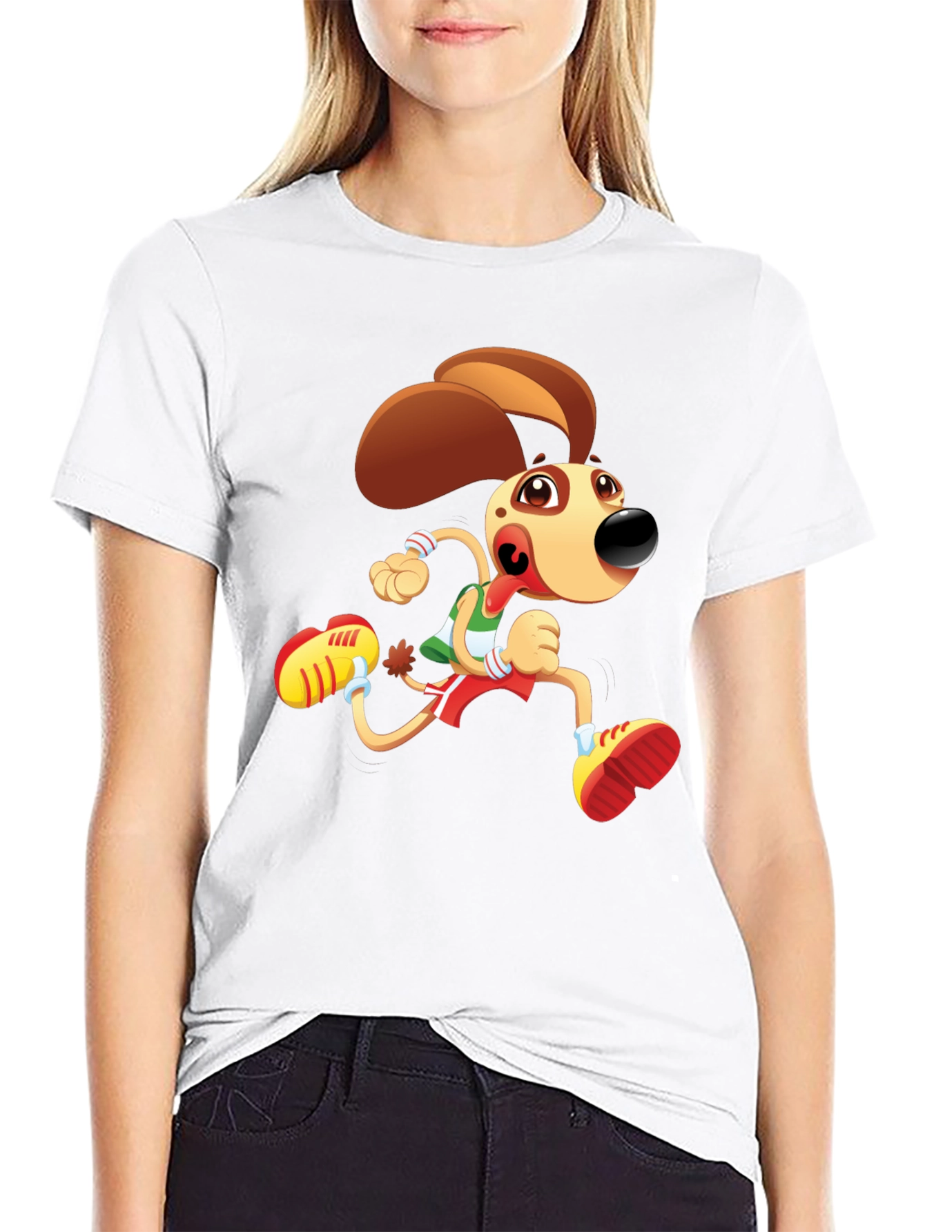 Cartoon Dog Running T-Shirt - Black Fun Design