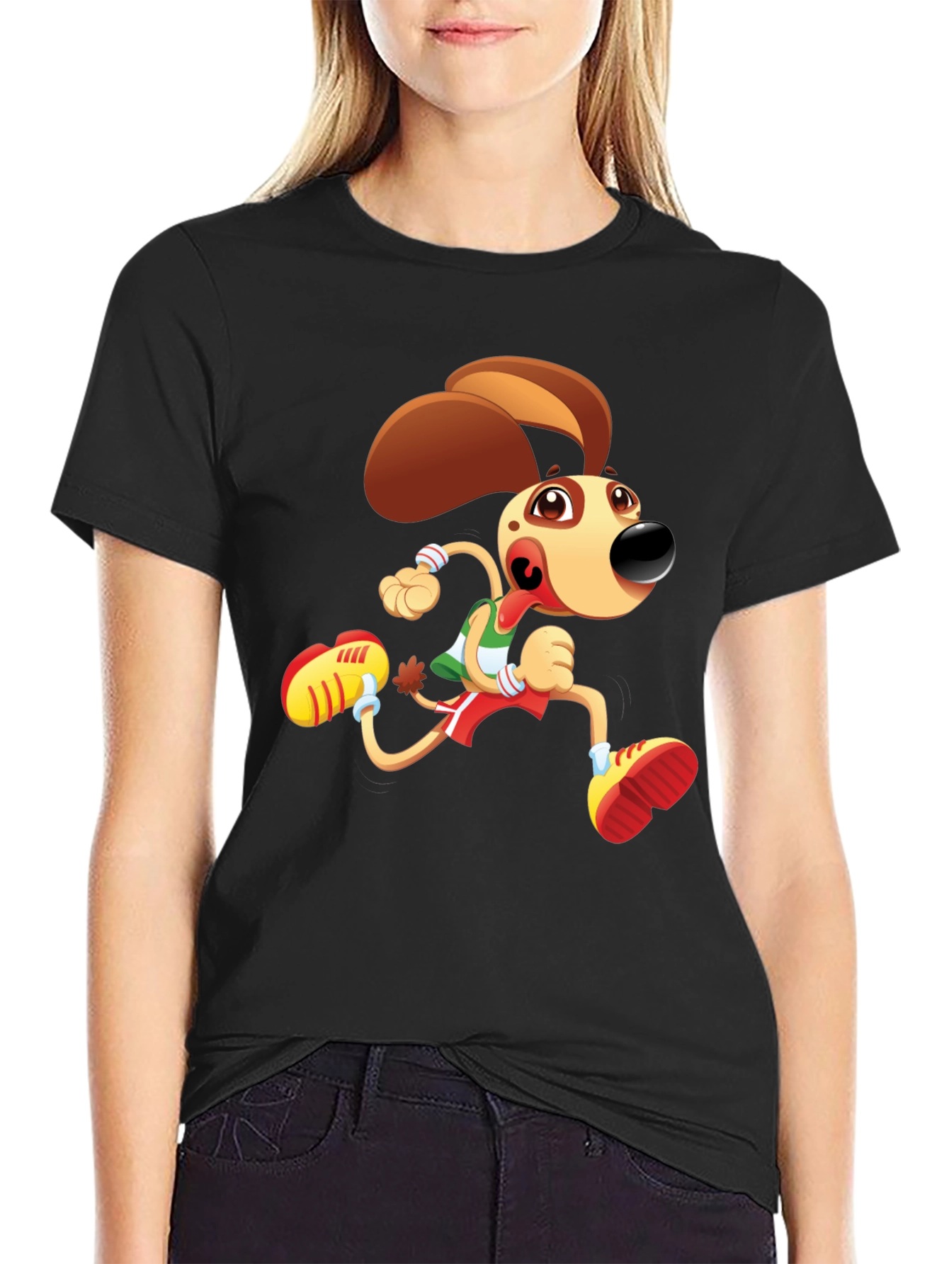 Cartoon Dog Running T-Shirt - Black Fun Design