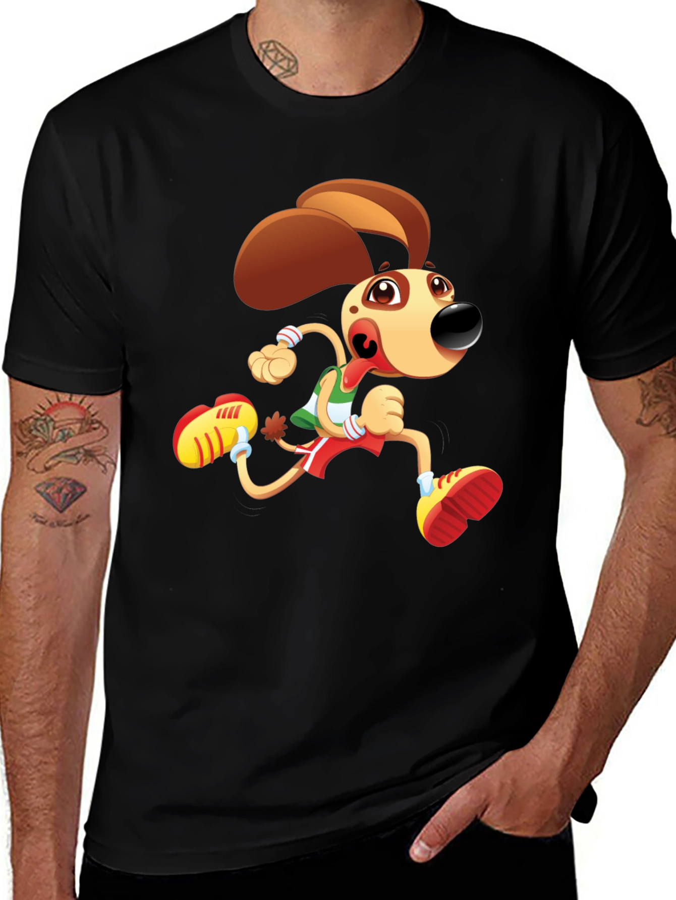 Cartoon Dog Running T-Shirt - Black Fun Design