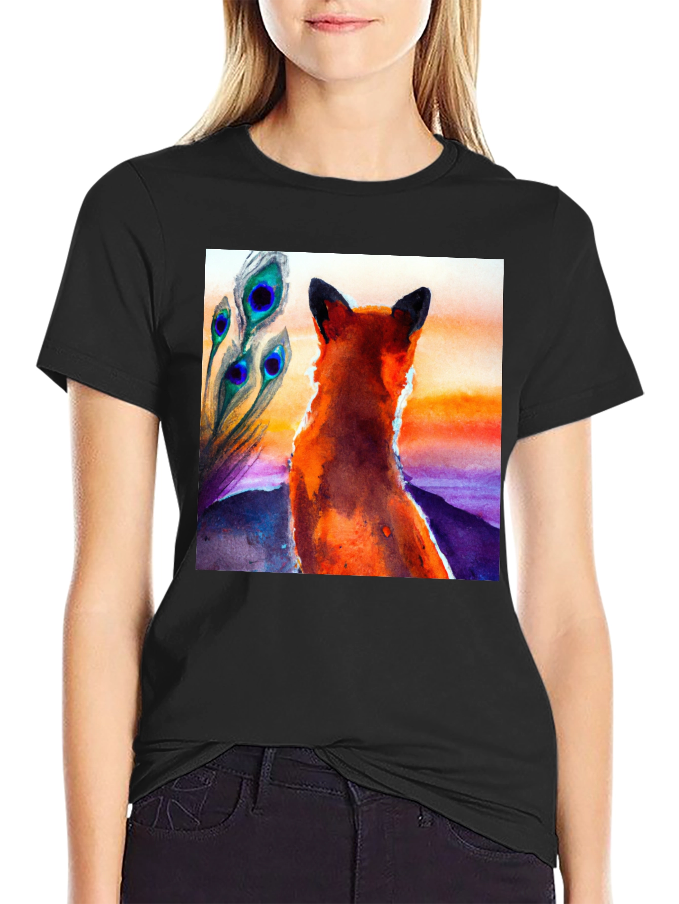 Fox & Peacock Feather Graphic Black T-Shirt