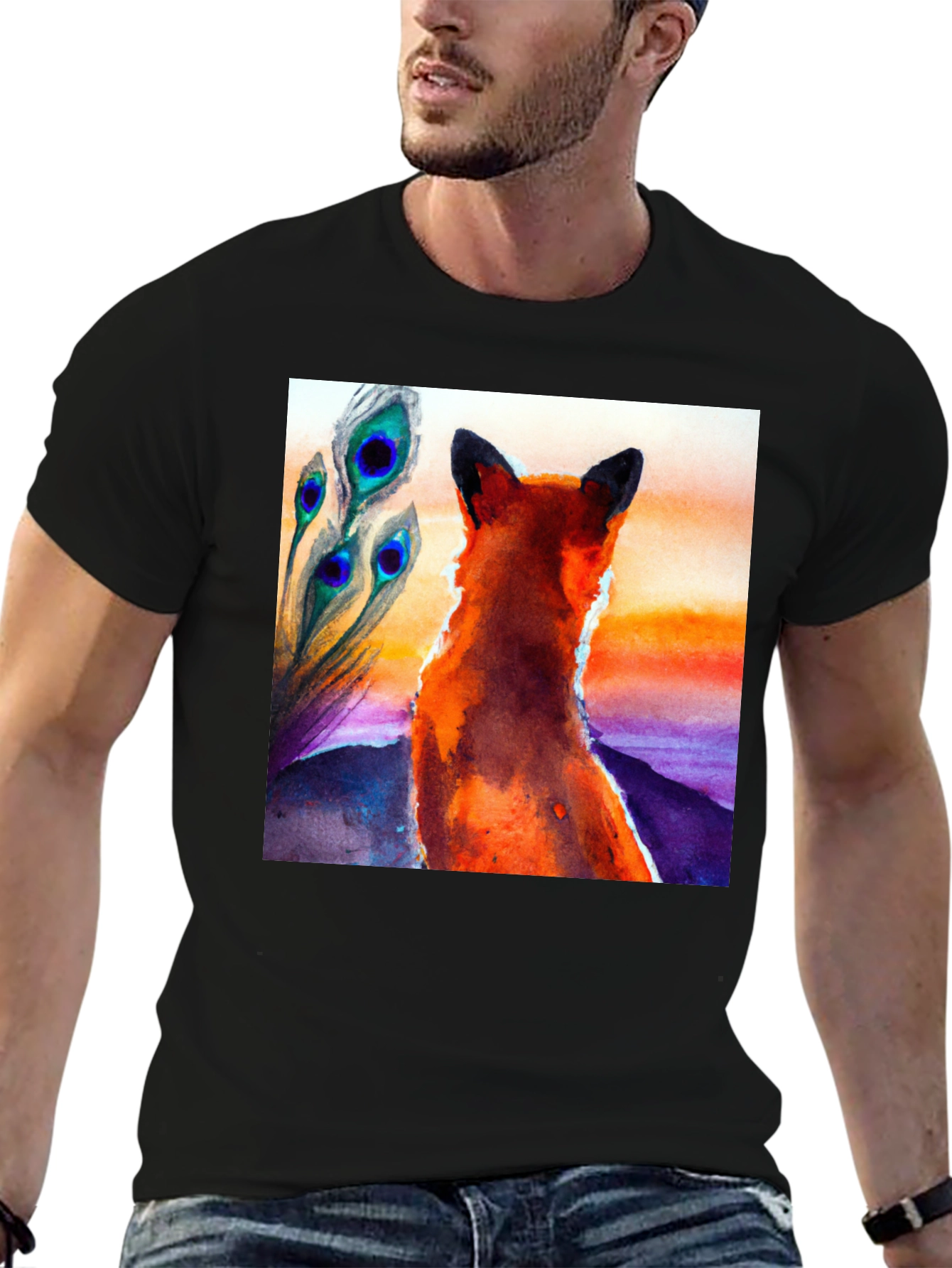 Fox & Peacock Feather Graphic Black T-Shirt