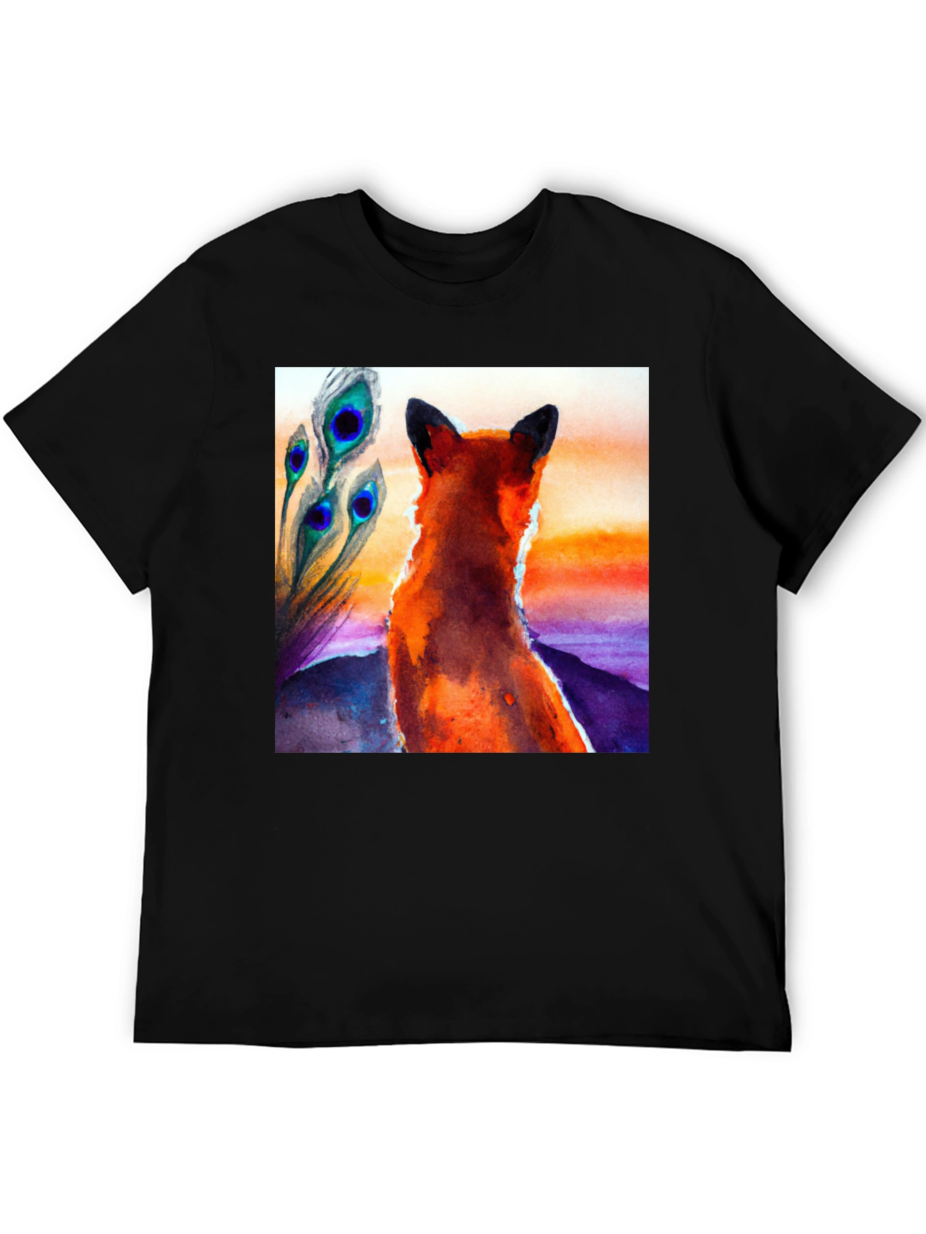 Fox & Peacock Feather Graphic Black T-Shirt