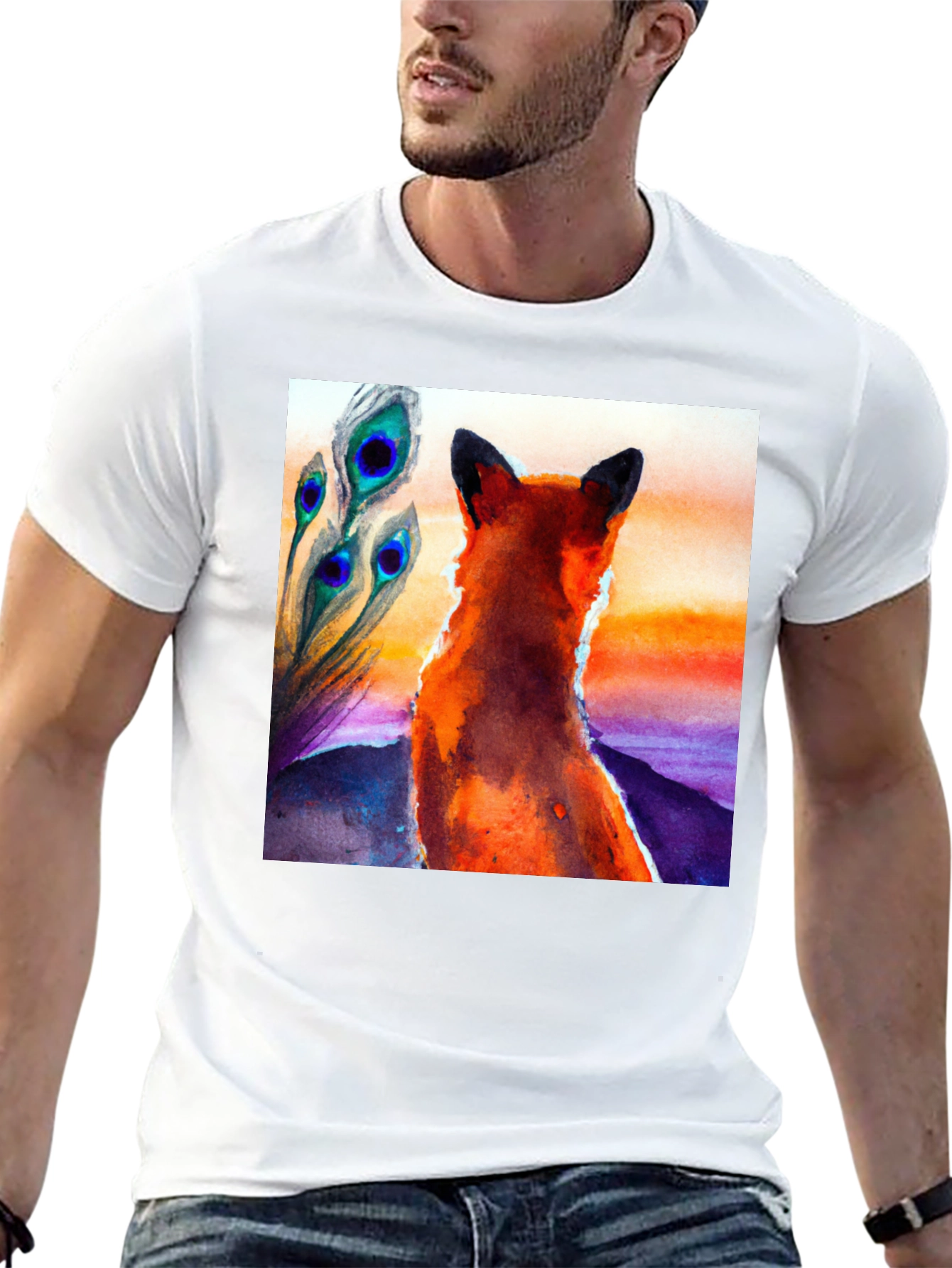 Fox & Peacock Feather Graphic Black T-Shirt